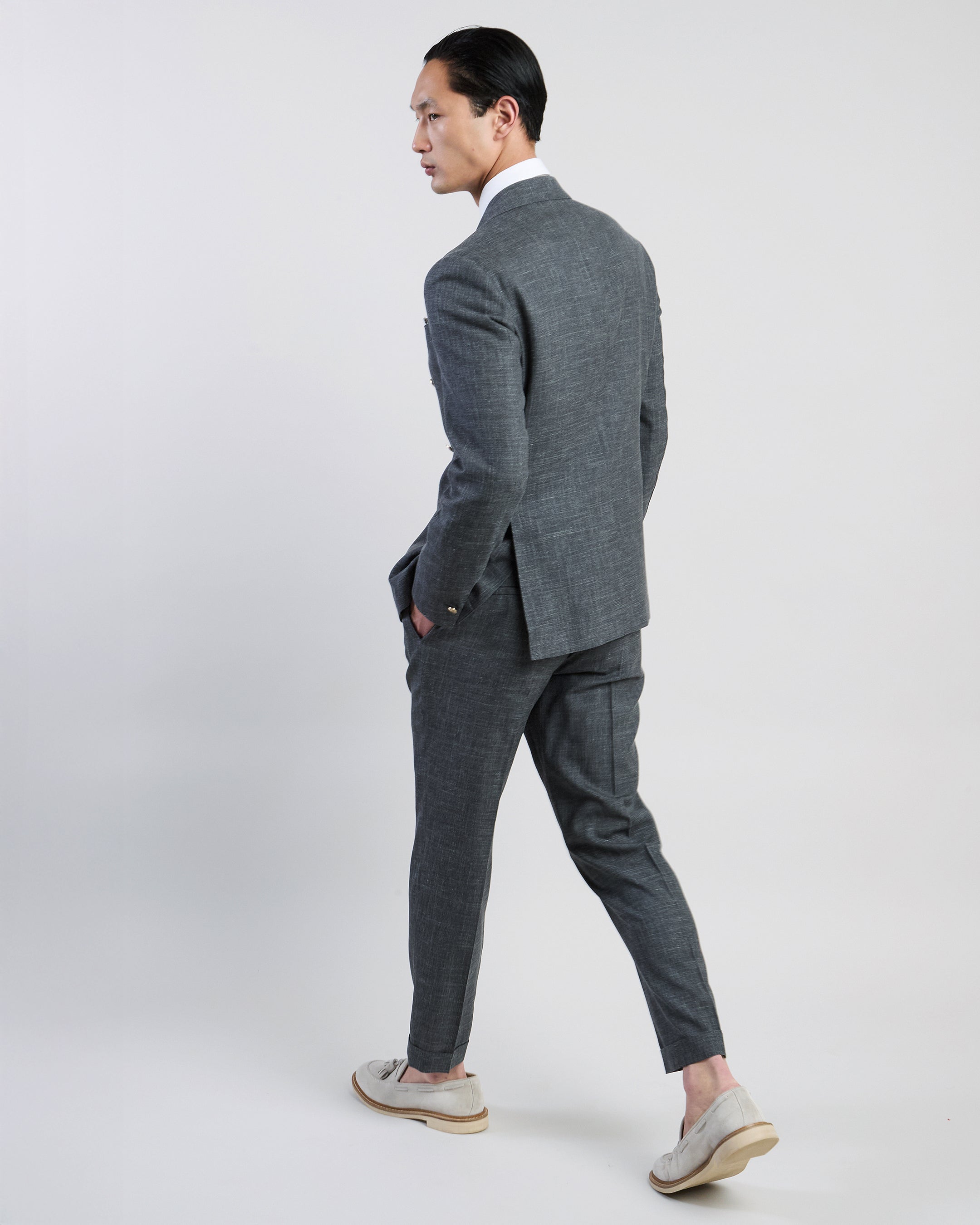 Men's Slim Fit Double-Breasted Wool Silk and Linen Suit