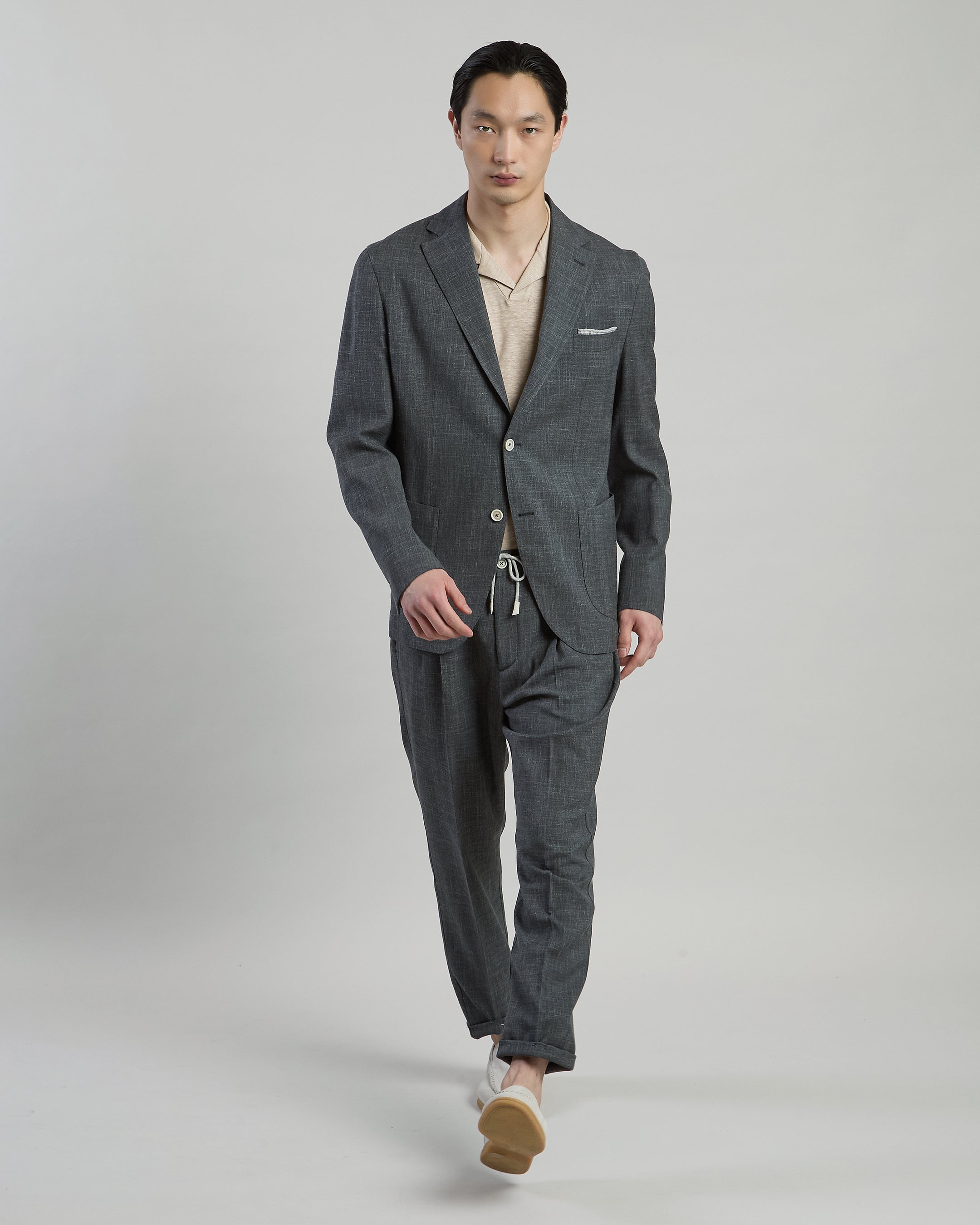 Men's Single-Breasted Wool Silk Linen Slim Suit