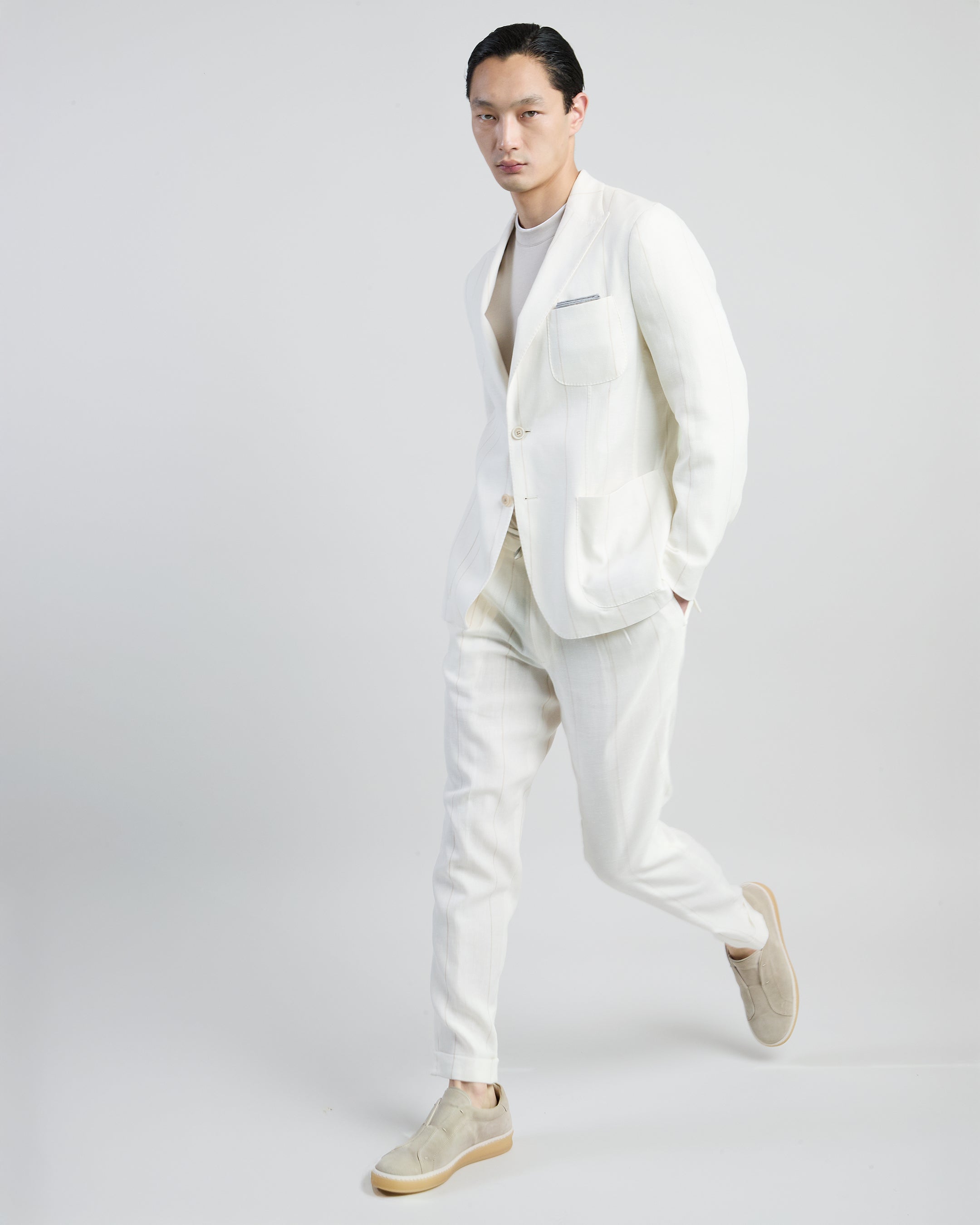 Single-Breasted Pinstripe Suit in Linen Wool and Silk