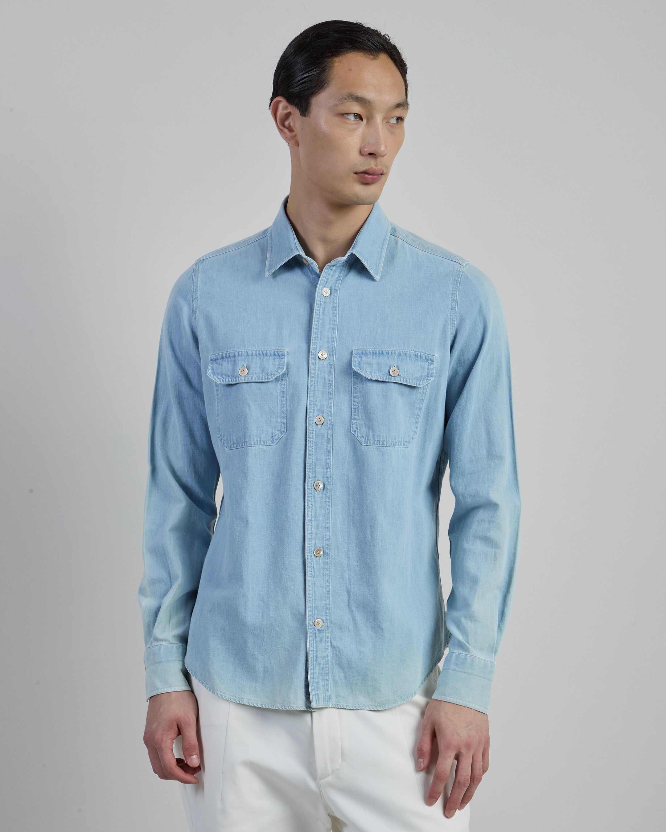 Men's Cotton and Linen Denim-Effect Shirt with Pockets