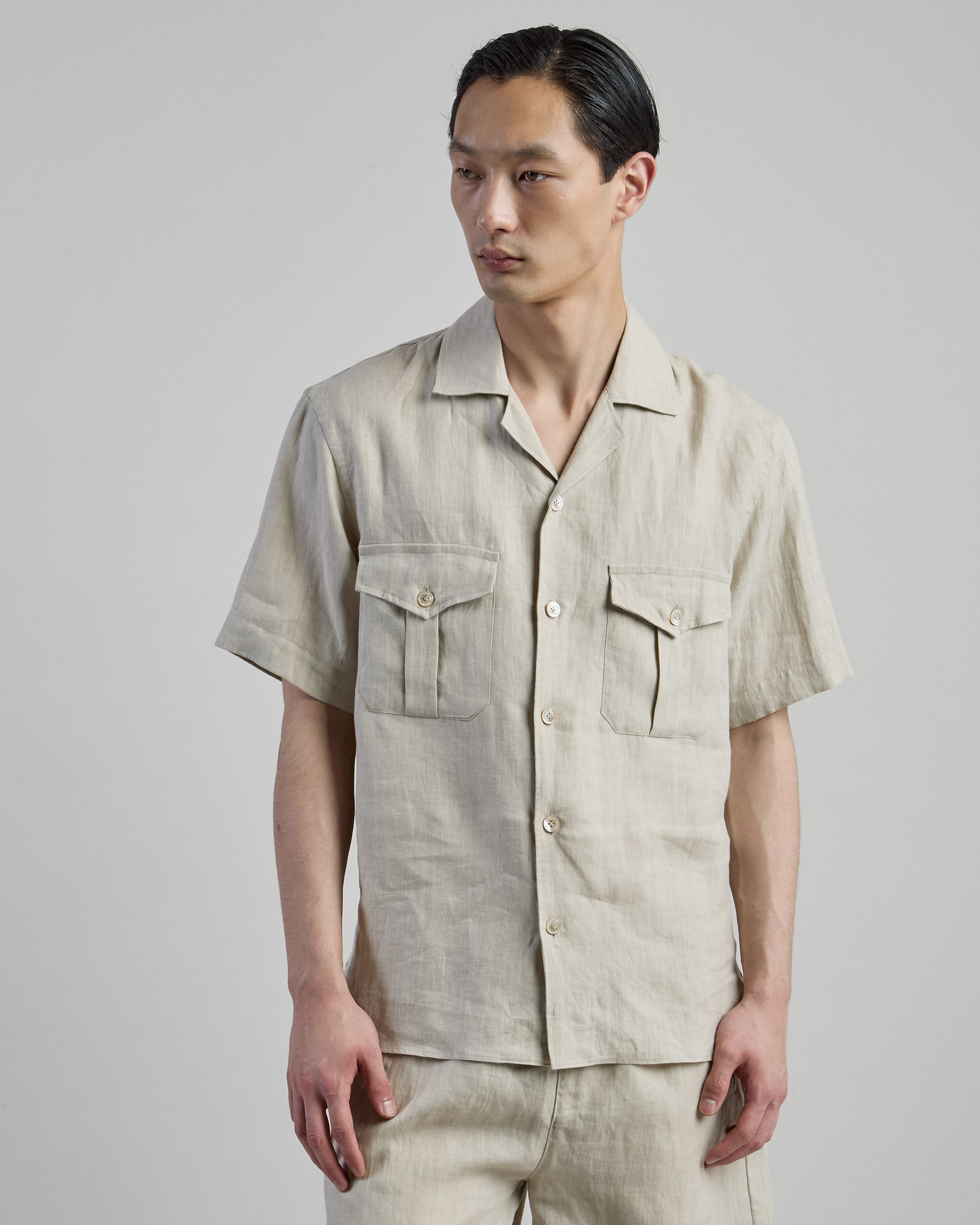 Men's Short Sleeve Linen Shirt with Bowling Collar