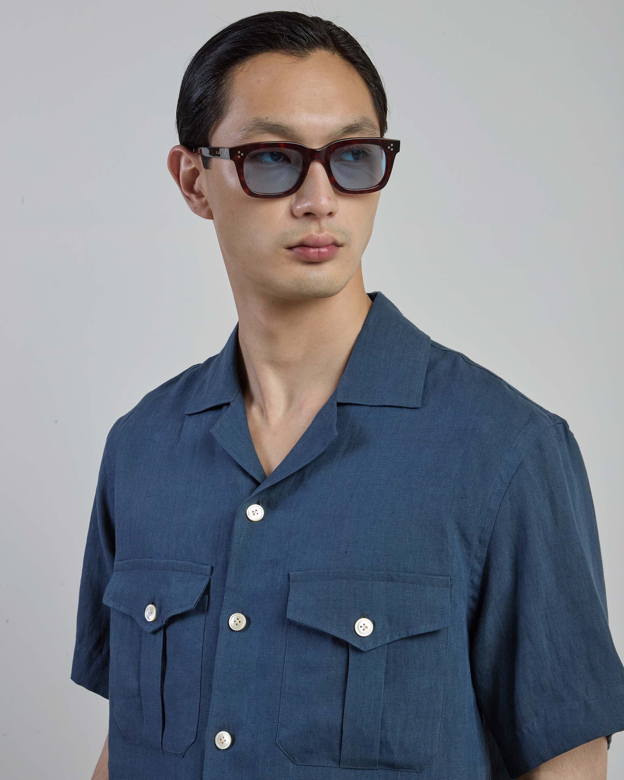 Men's Short Sleeve Linen Shirt with Bowling Collar