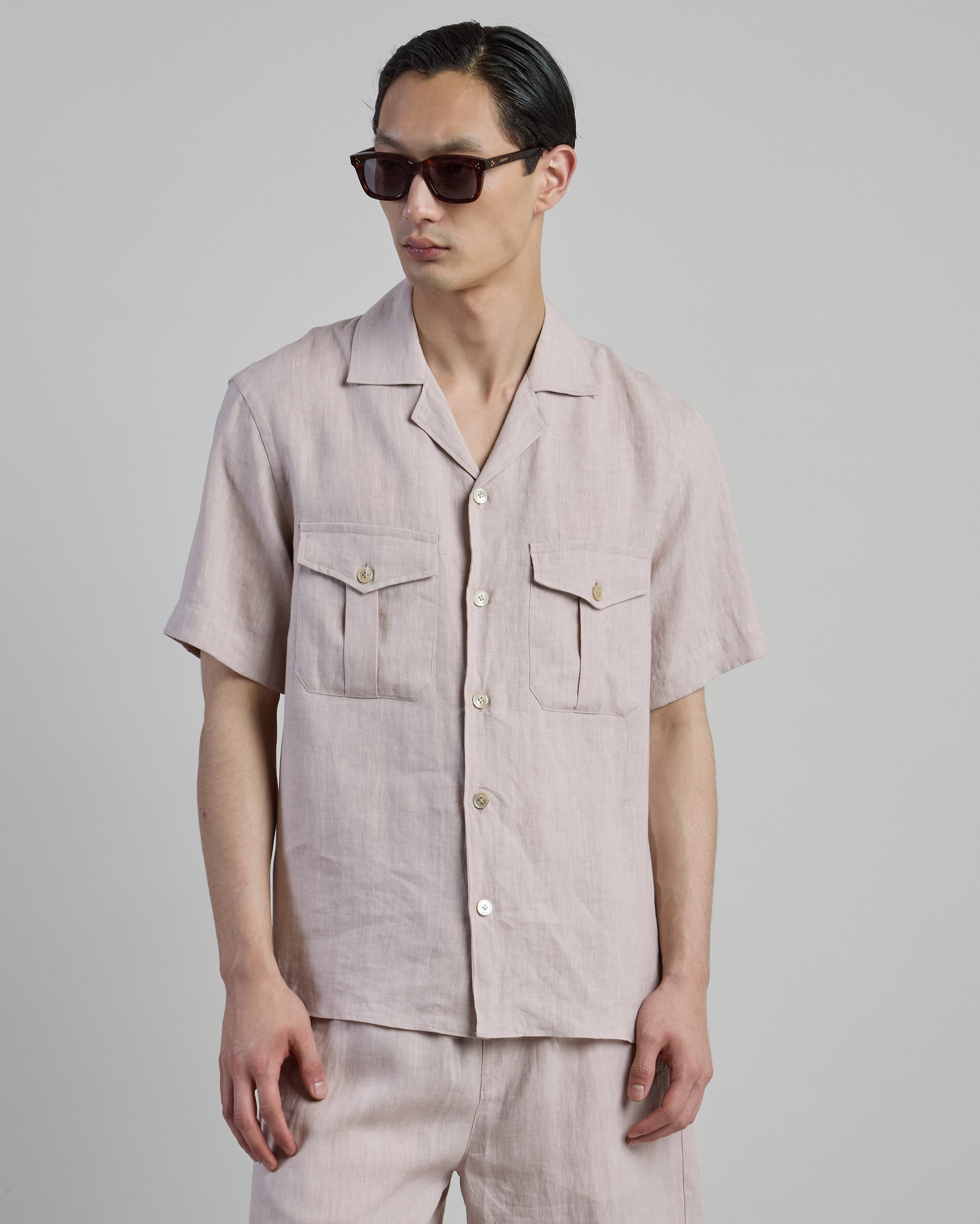 Men's Short Sleeve Linen Shirt with Bowling Collar
