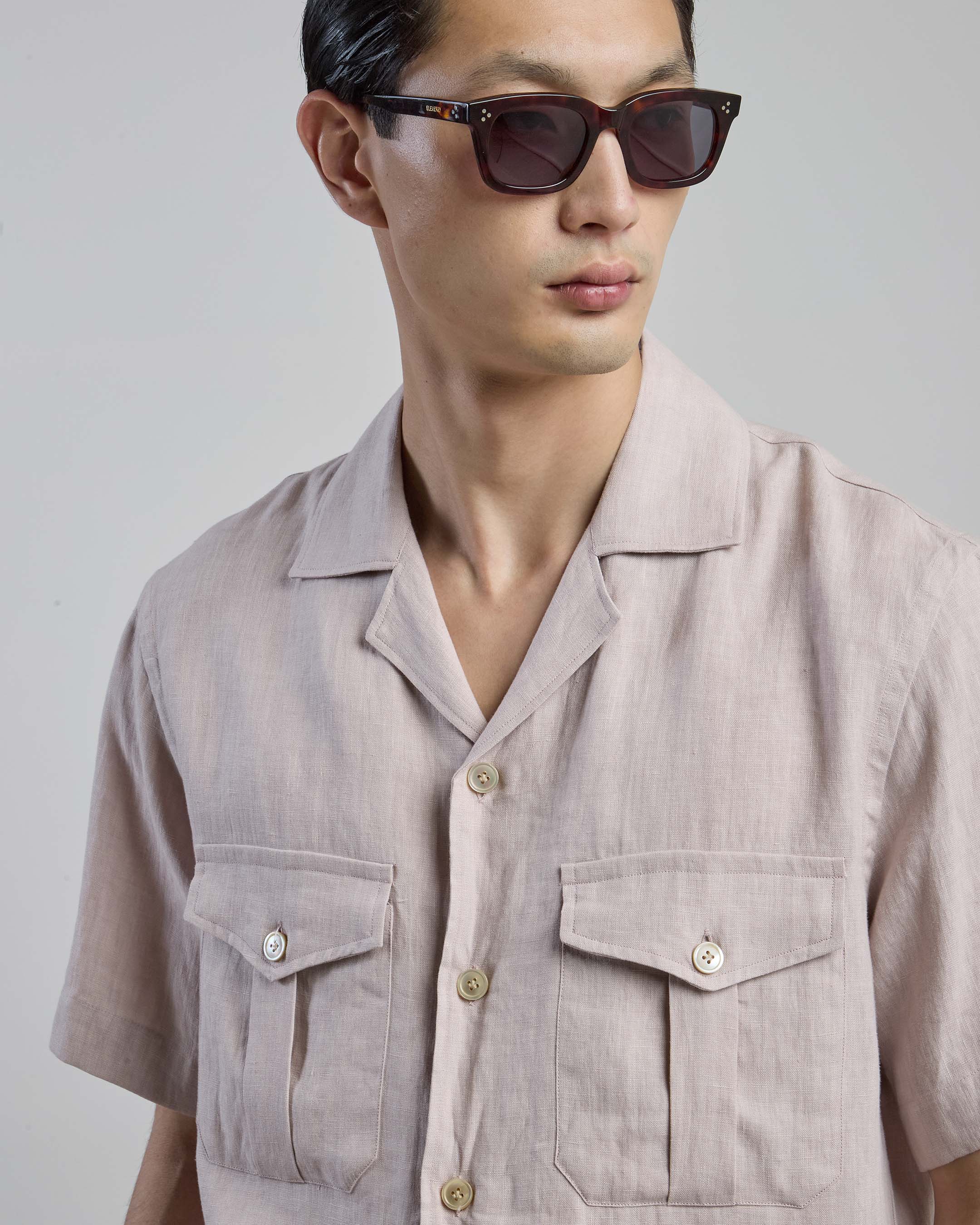 Men's Short Sleeve Linen Shirt with Bowling Collar