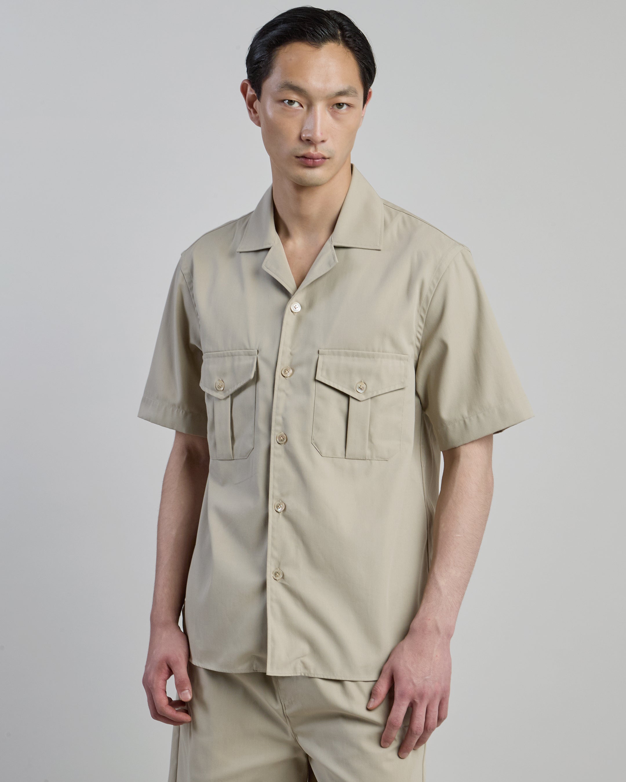 Men's Short Sleeve Cotton Shirt with Bowling Collar