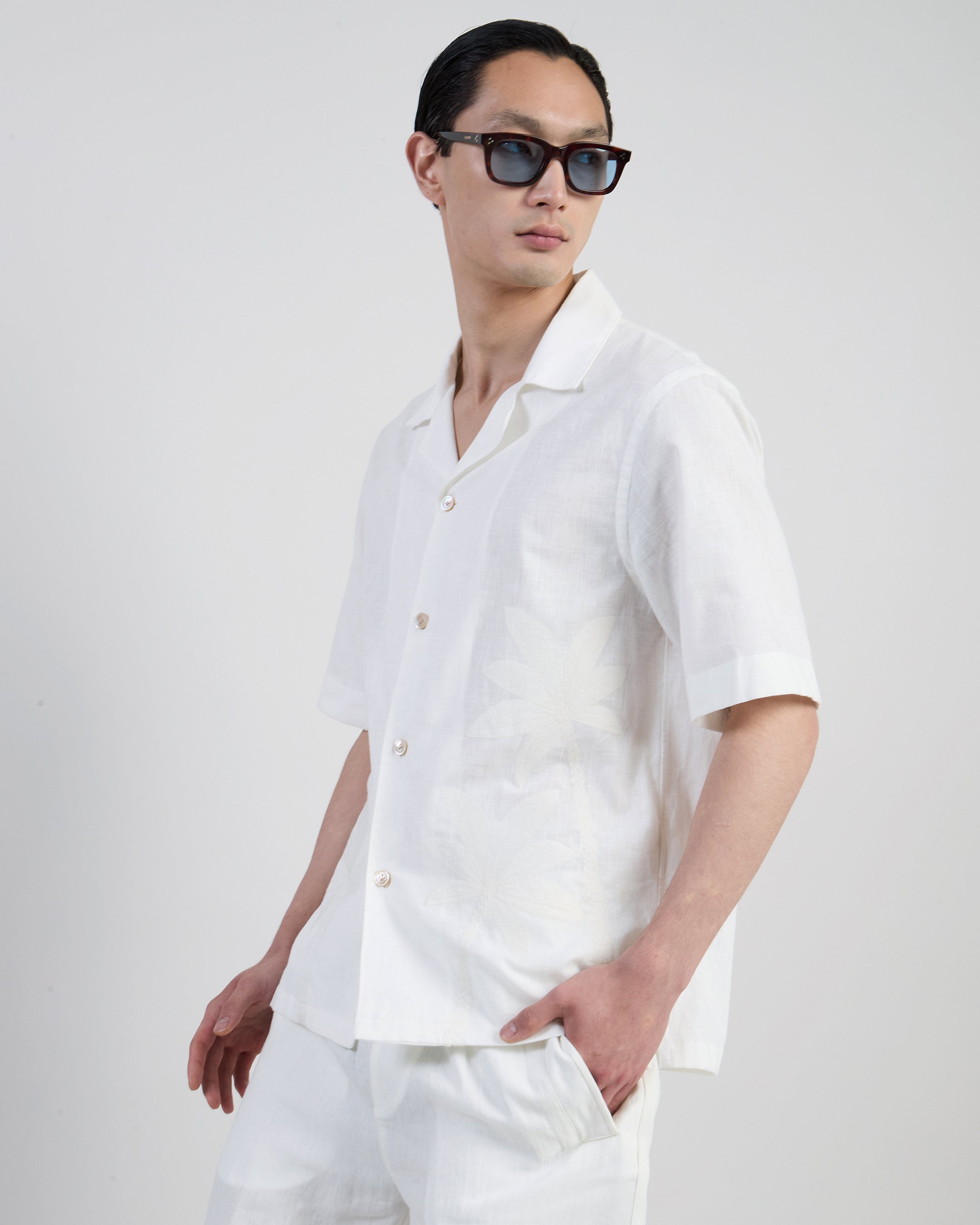 Embroidered Cotton Shirt with Bowling Collar