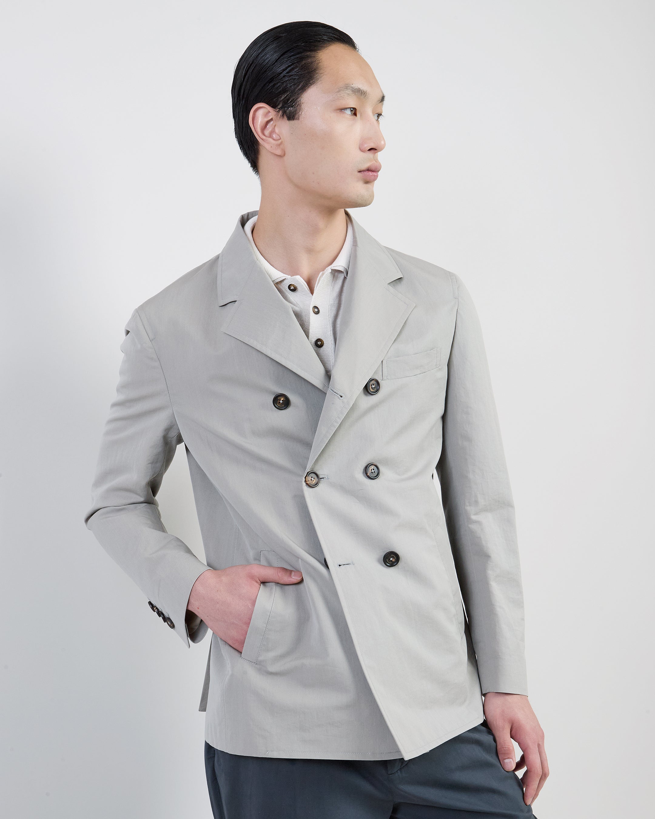 Men's Double-Breasted Peacoat in Cotton and Silk Blend