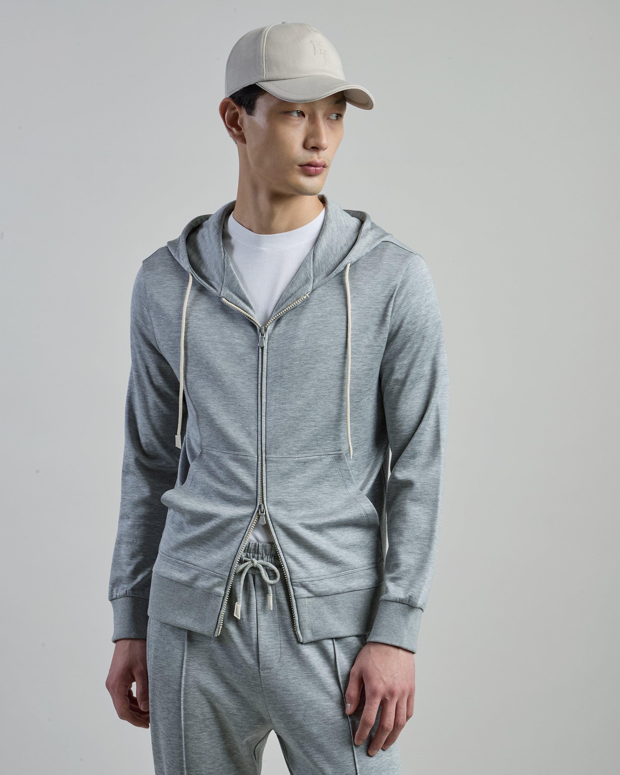 Men's Full Zip Silk Cotton Hoodie with Alcantara Details