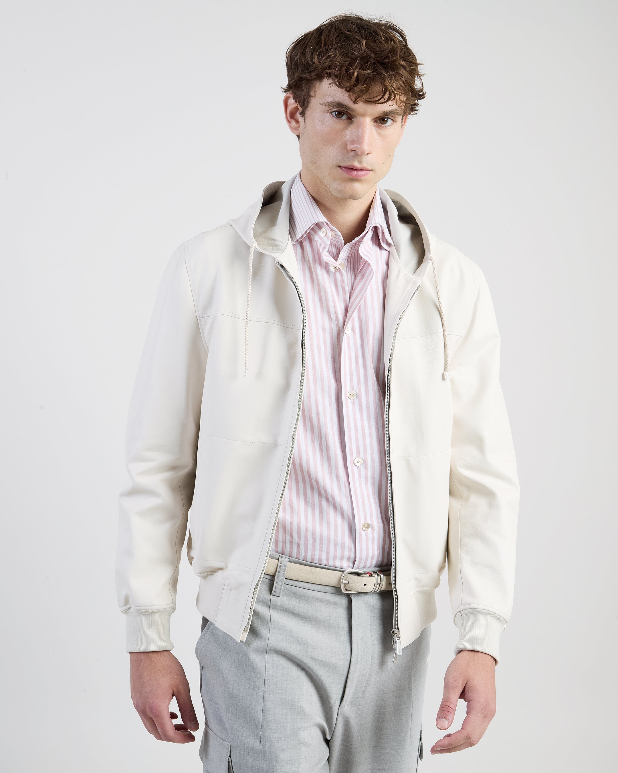 Men's Unlined Nappa Leather Hooded Zip-Up Jacket