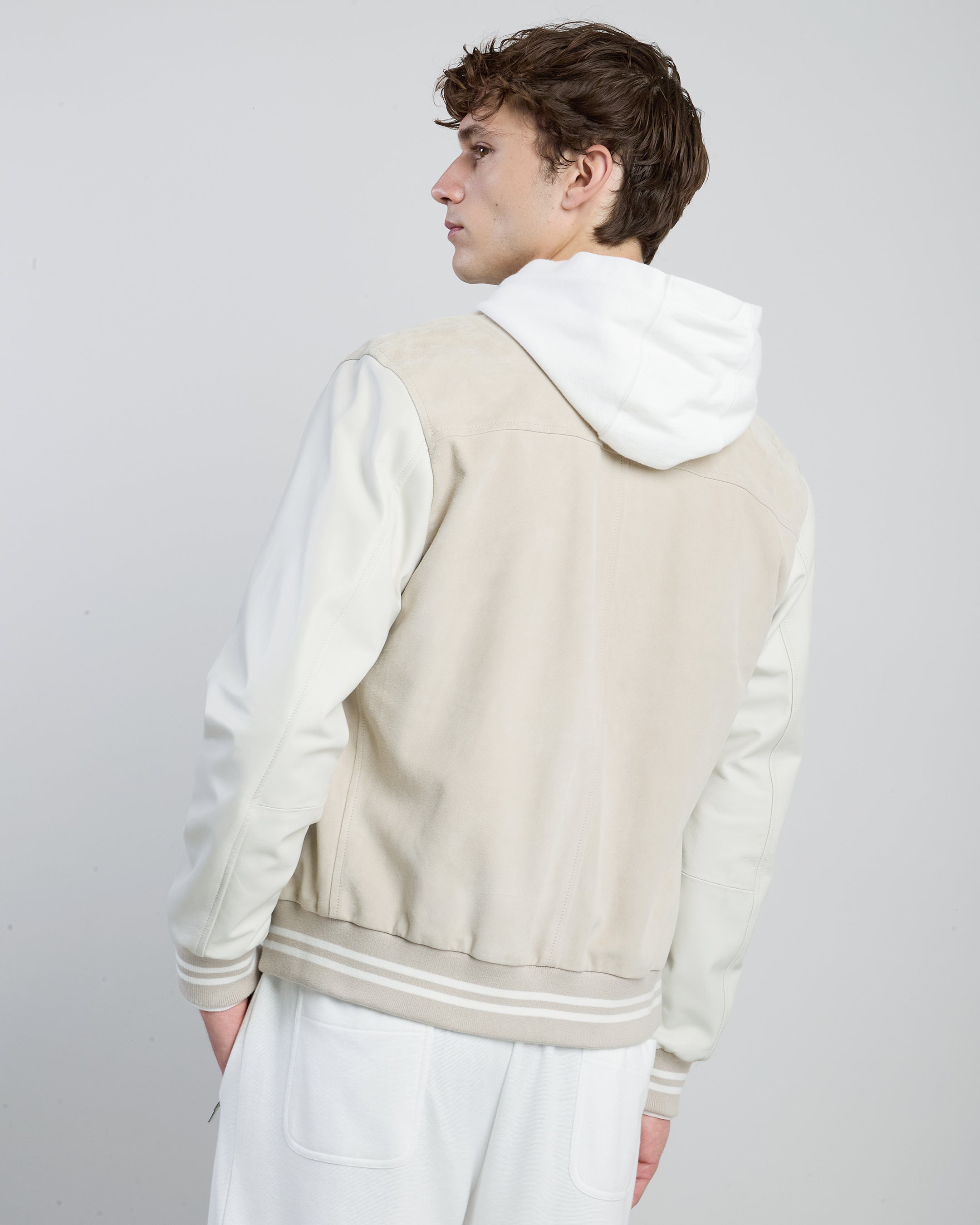 Men's Bi-material Suede and Nappa Leather Bomber Jacket