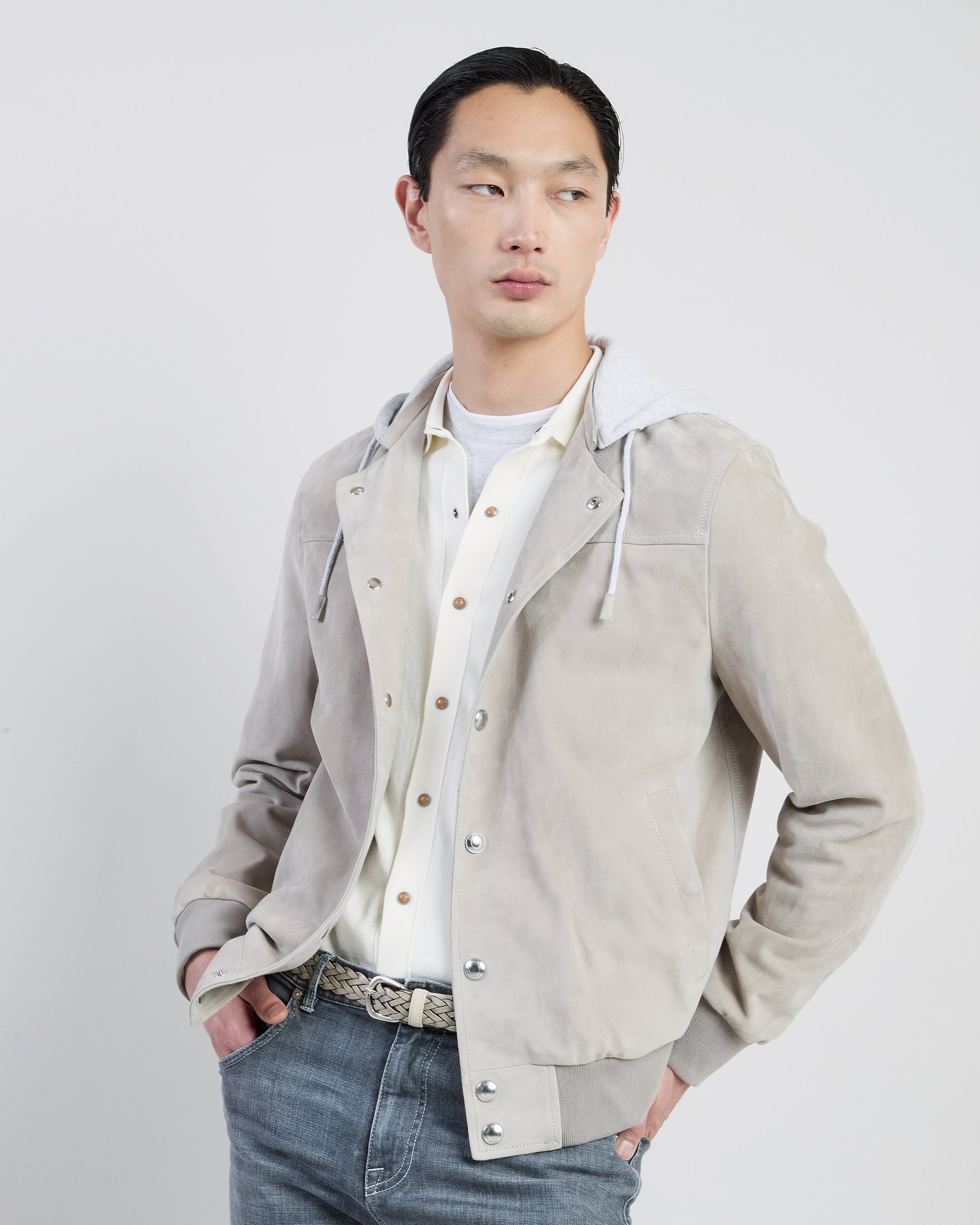 Men's Suede and Jersey Bomber Jacket with Hood
