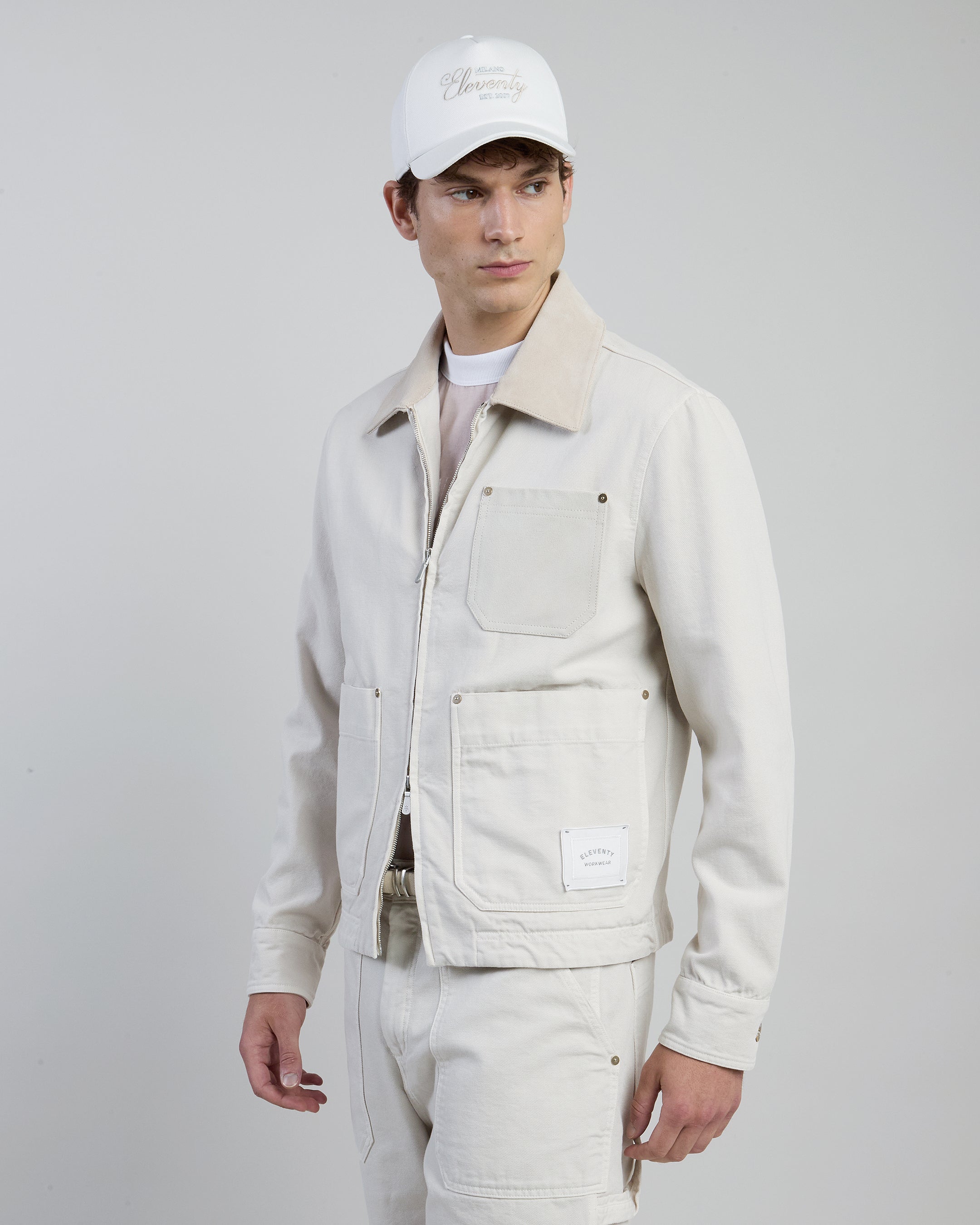 Dual-Material Cotton and Leather Workwear Jacket