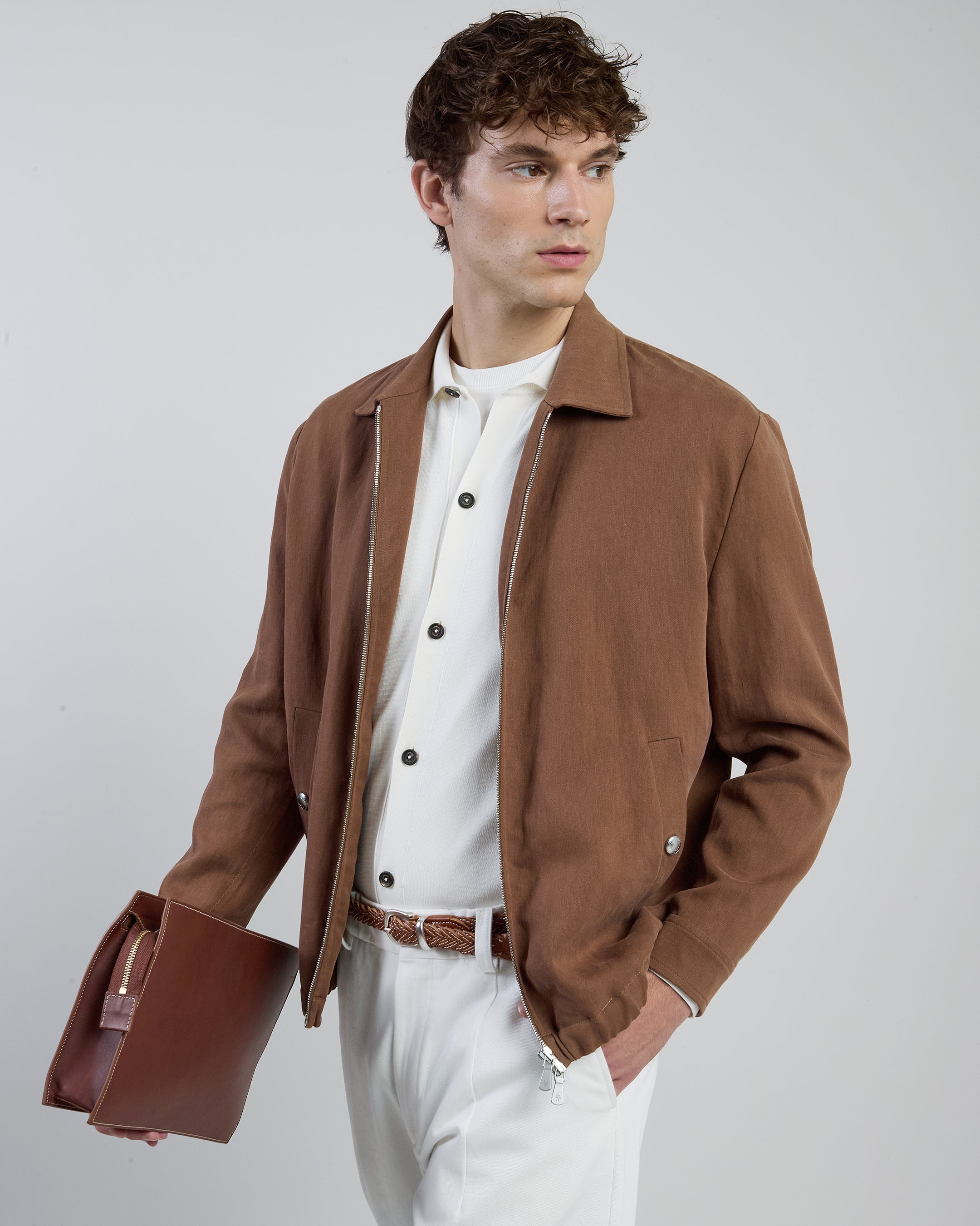Men's Linen Bomber Jacket with Shirt Collar and Zip