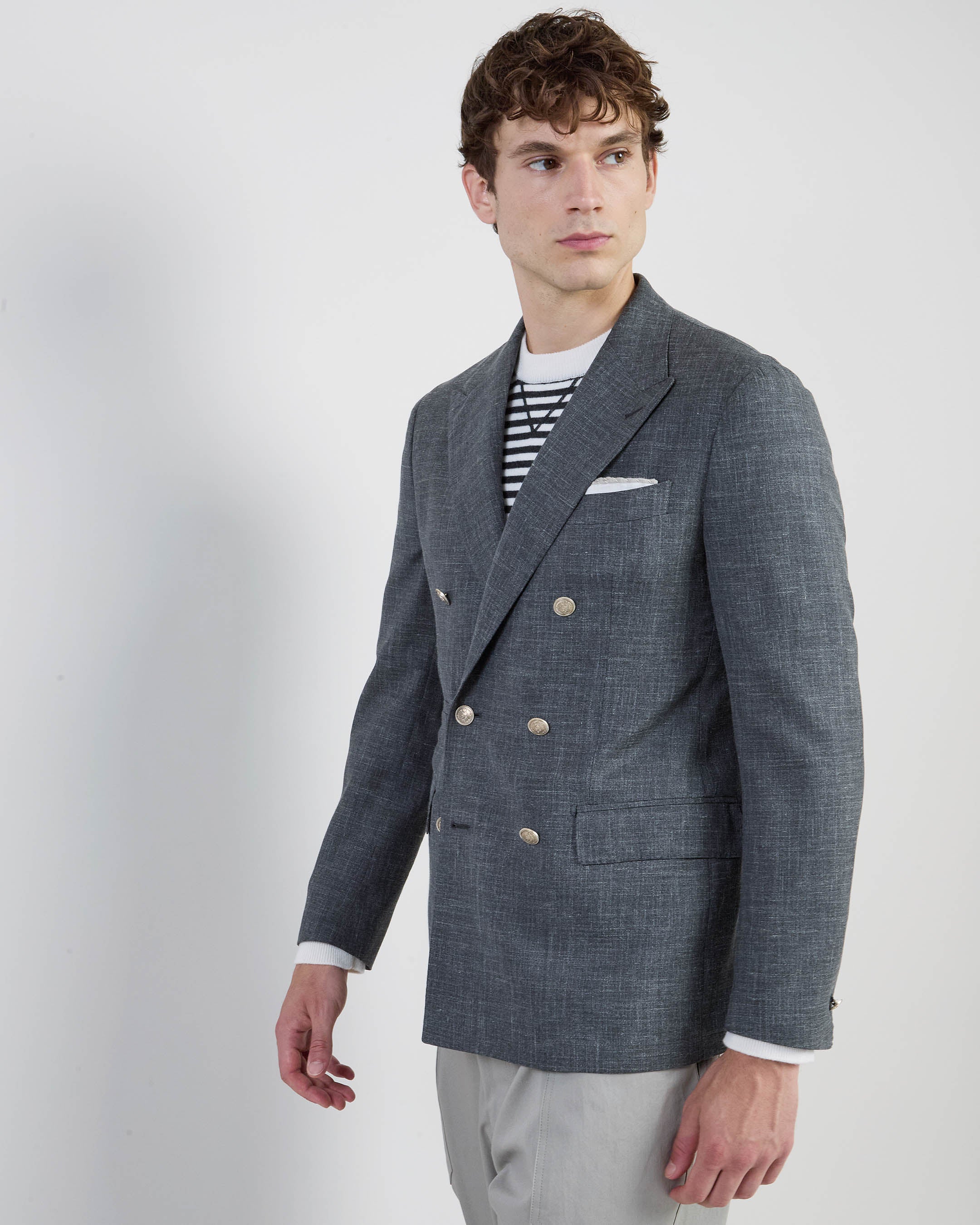 Men's Double-Breasted Wool Silk and Linen Jacket