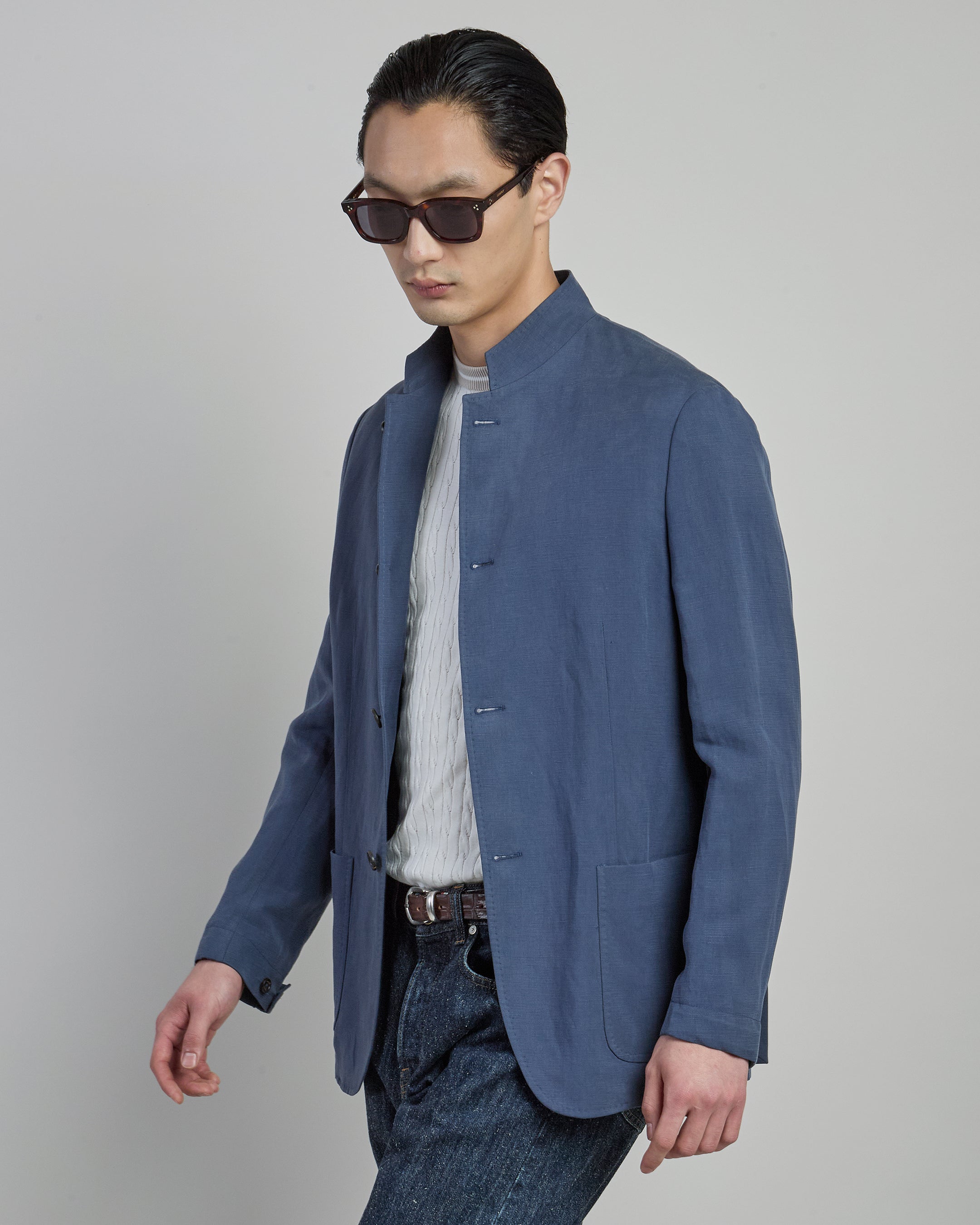 Lyocell and Linen Single-Breasted Mao Collar Jacket