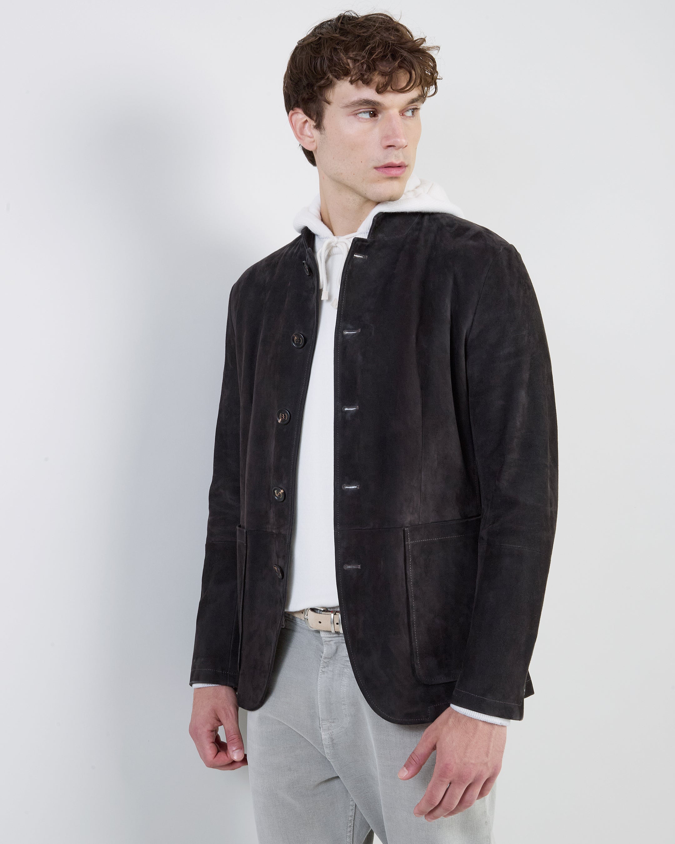 Men's Single-Breasted Resin Suede Jacket with Mock Neck