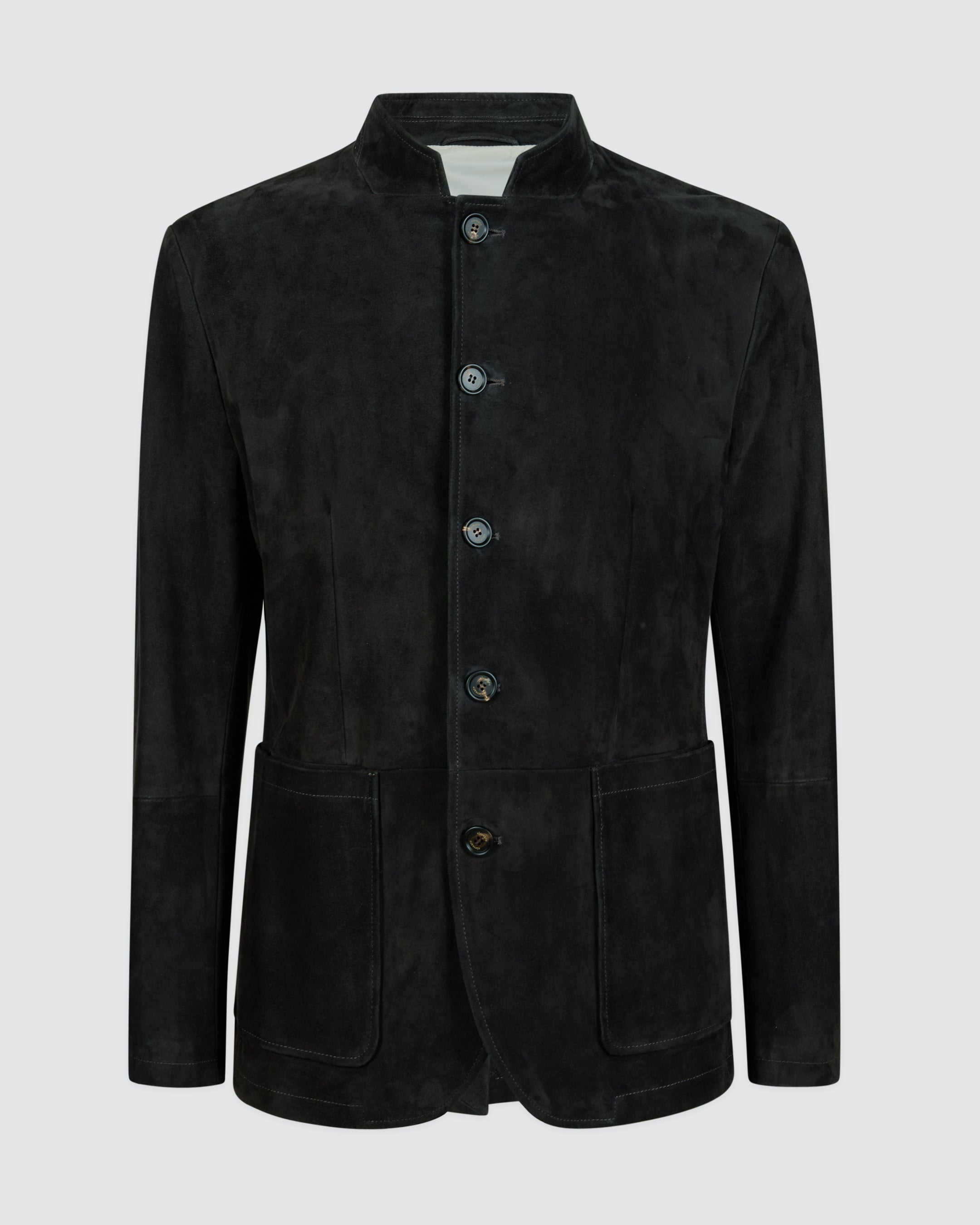 Men's Single-Breasted Resin Suede Jacket with Mock Neck
