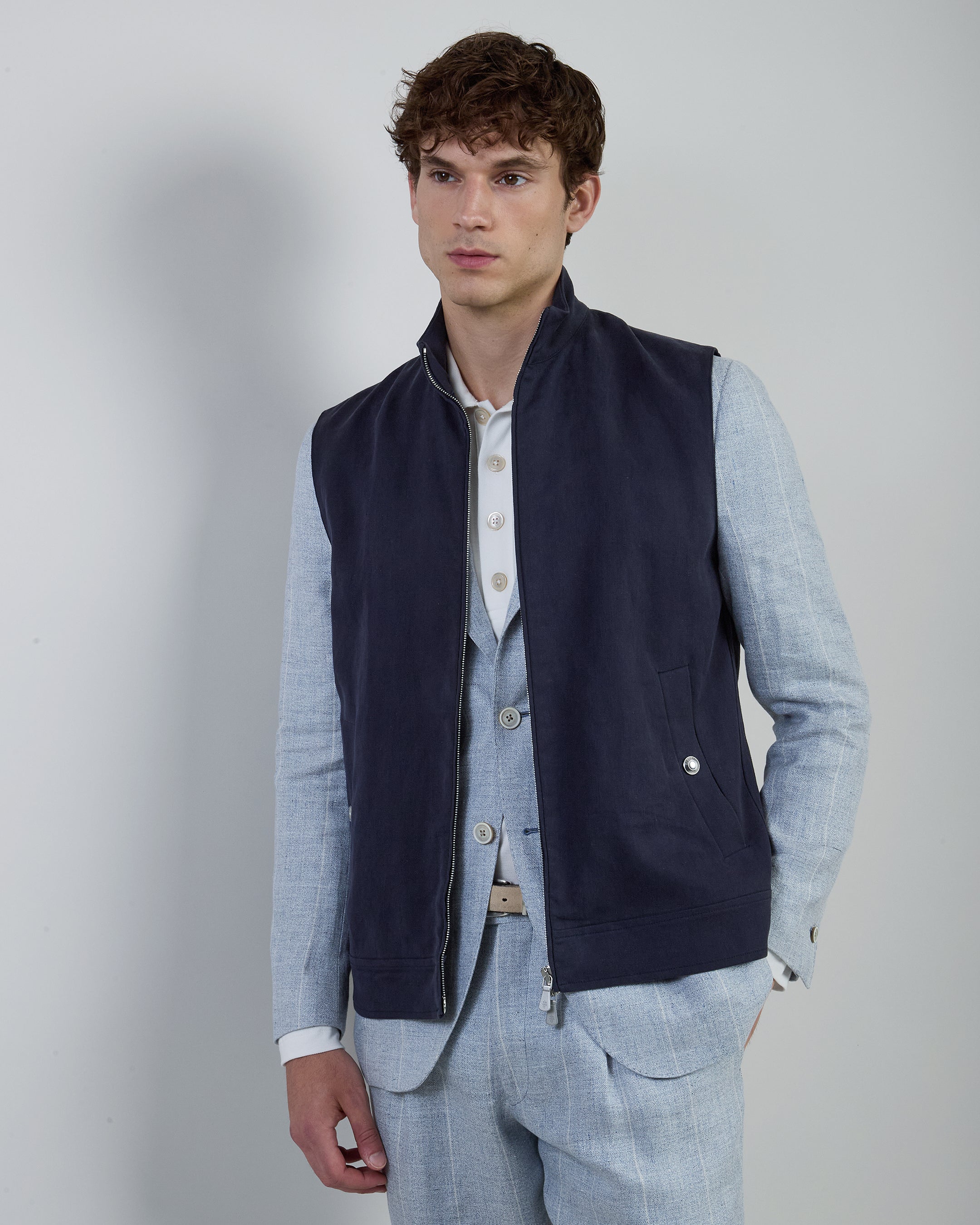 Men's Full-Zip Relaxed Fit Linen Vest with Stand Collar