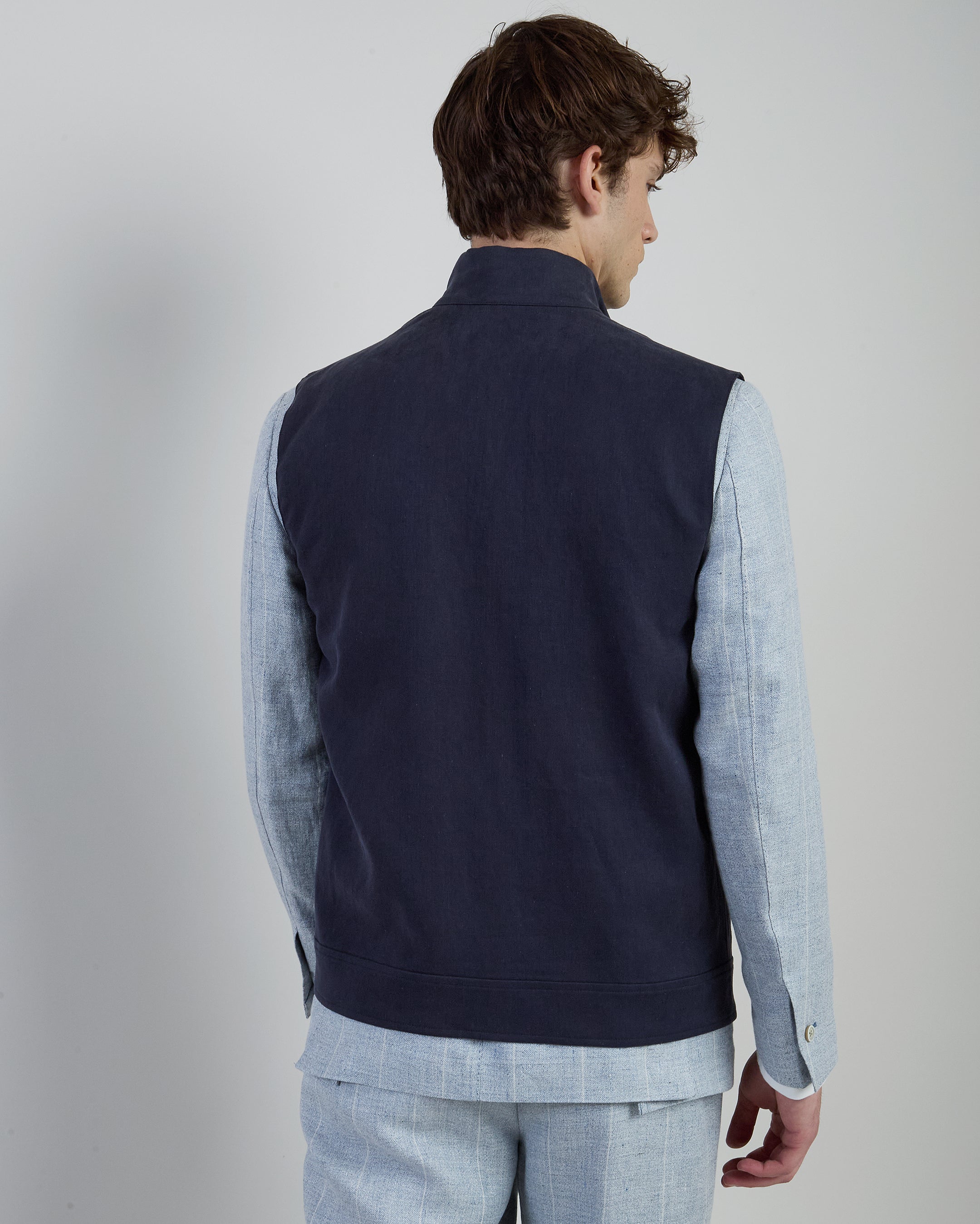 Men's Full-Zip Relaxed Fit Linen Vest with Stand Collar