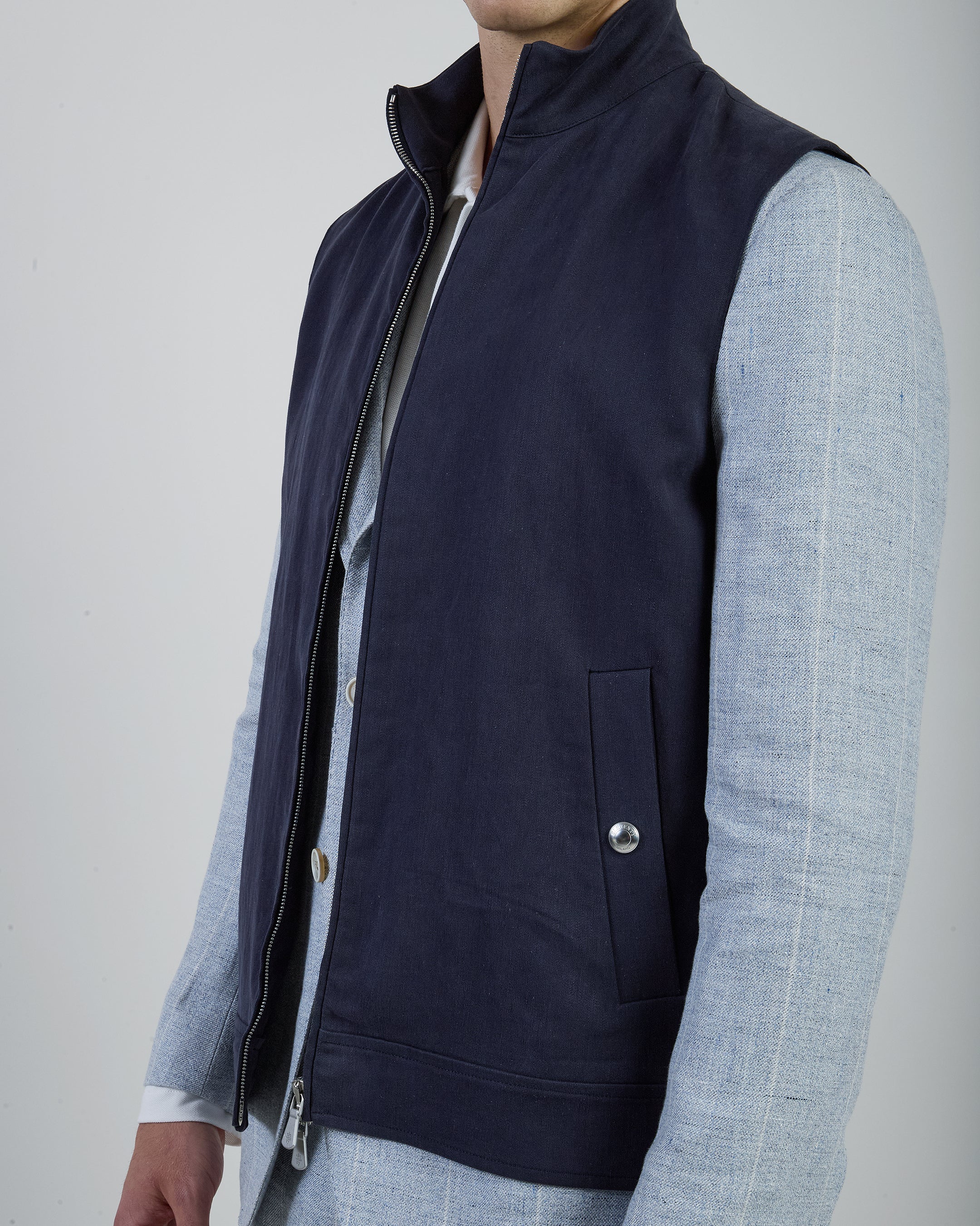 Men's Full-Zip Relaxed Fit Linen Vest with Stand Collar