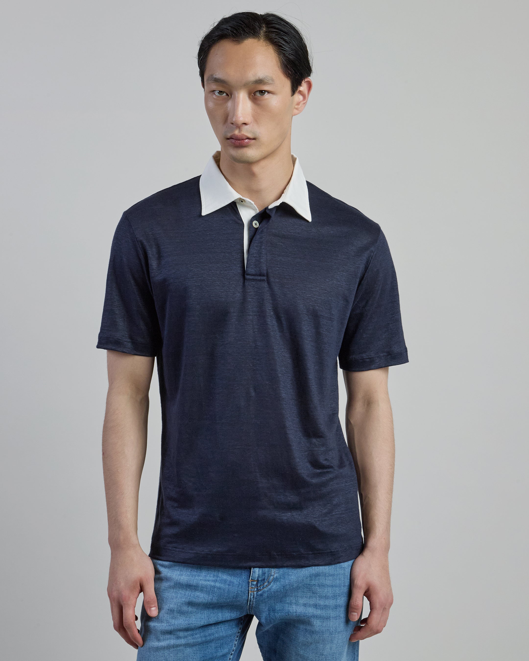 Men's Linen Jersey Polo Shirt with Contrast Collar