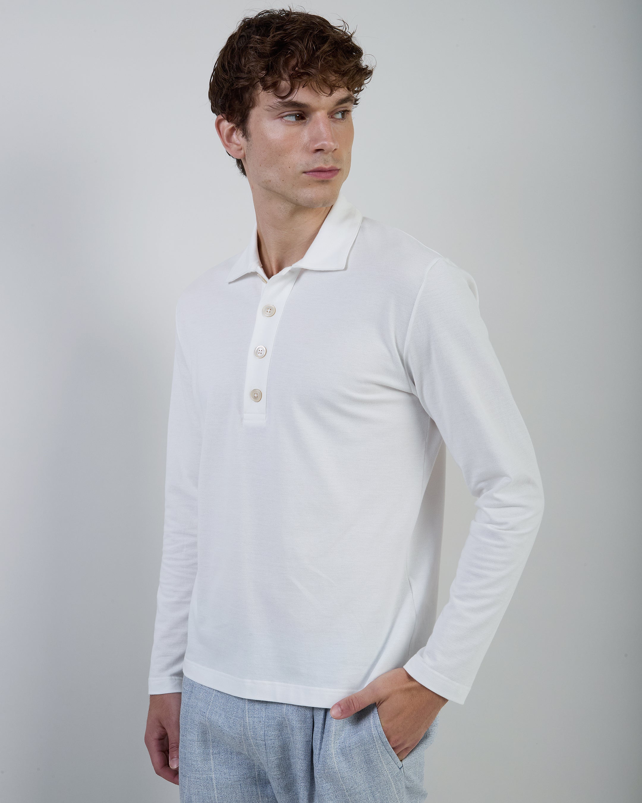 Men's Long Sleeve Cotton Pique Polo with Pearl Buttons