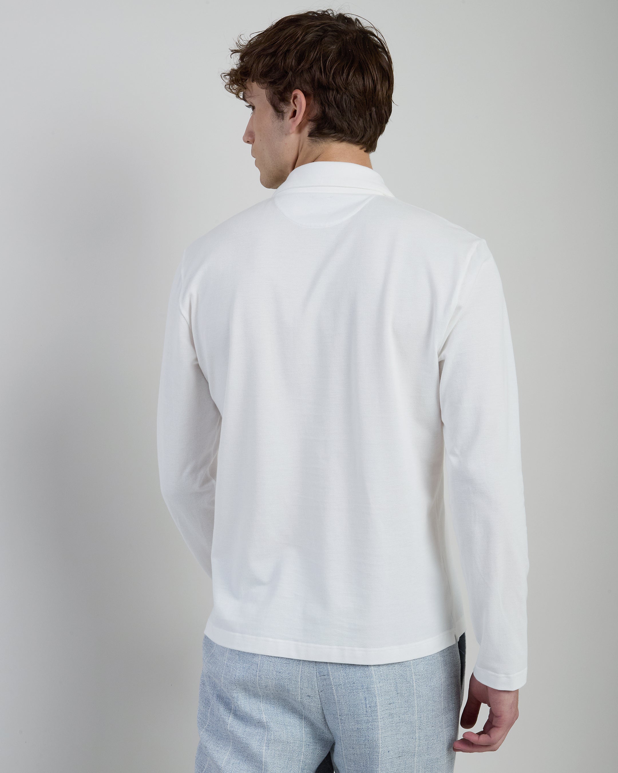 Men's Long Sleeve Cotton Pique Polo with Pearl Buttons