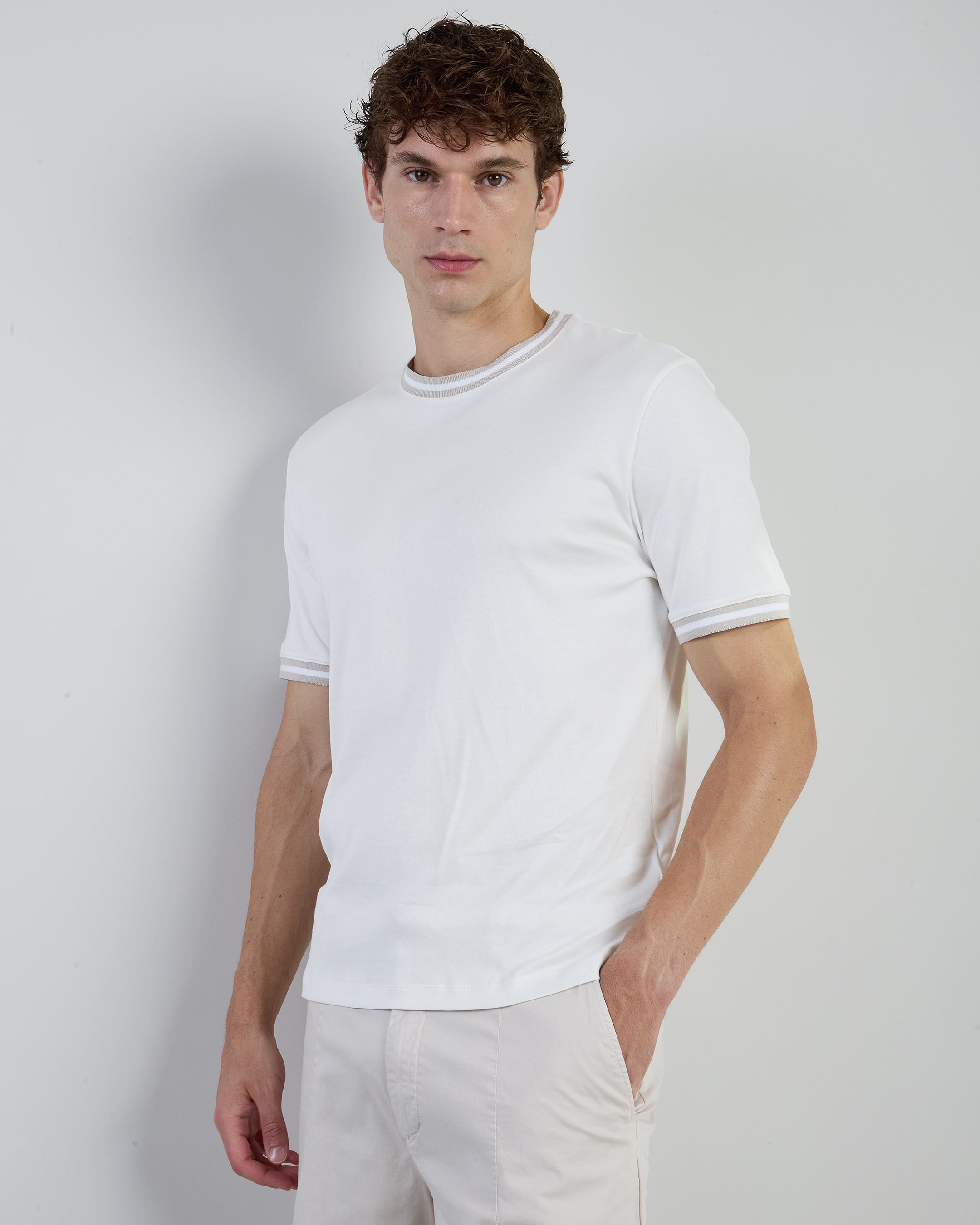 T-shirt Girocollo in Cotone Giza con Bordini da Uomo