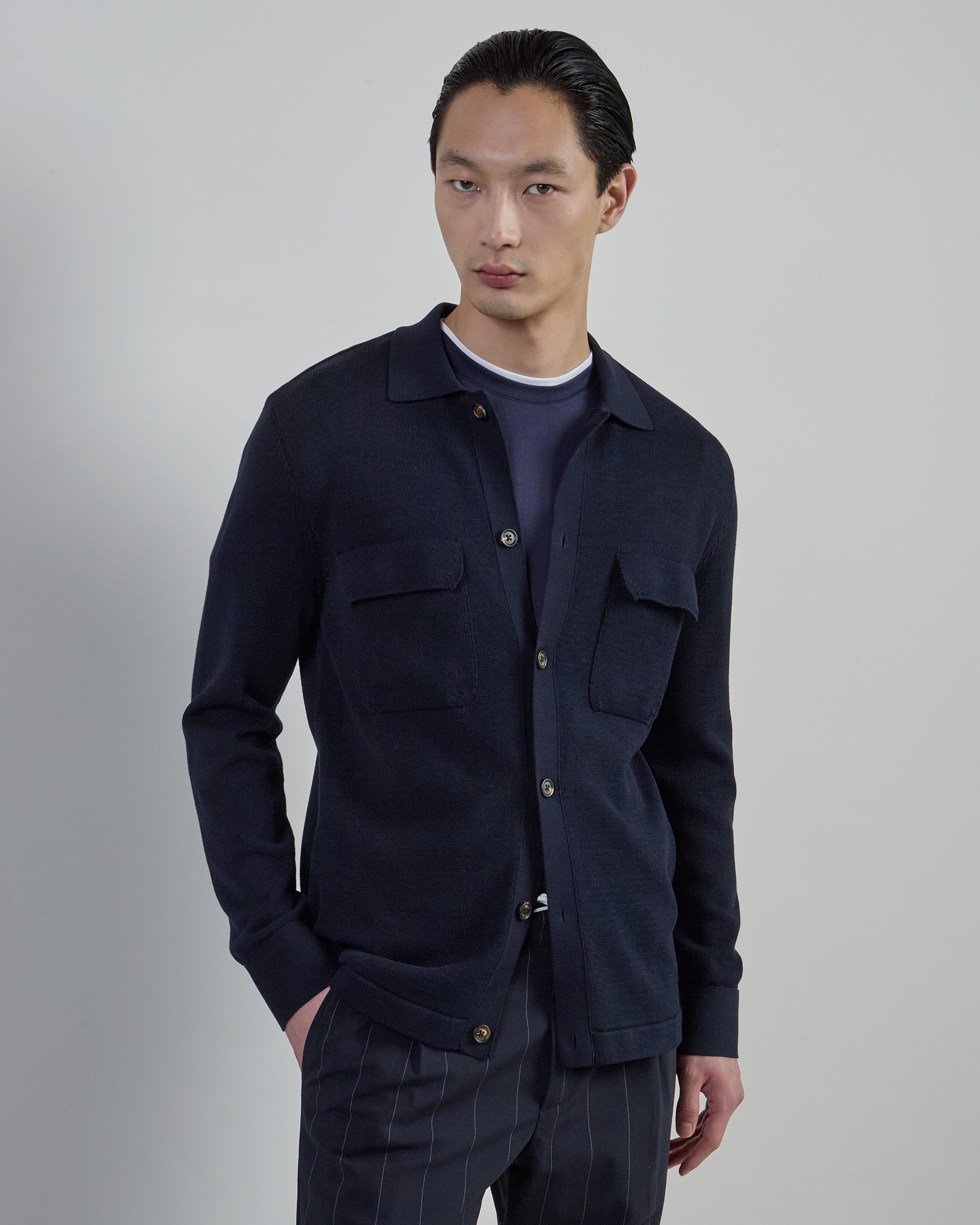 Camicia in Maglia di Cotone Uomo con Tasche Applicate