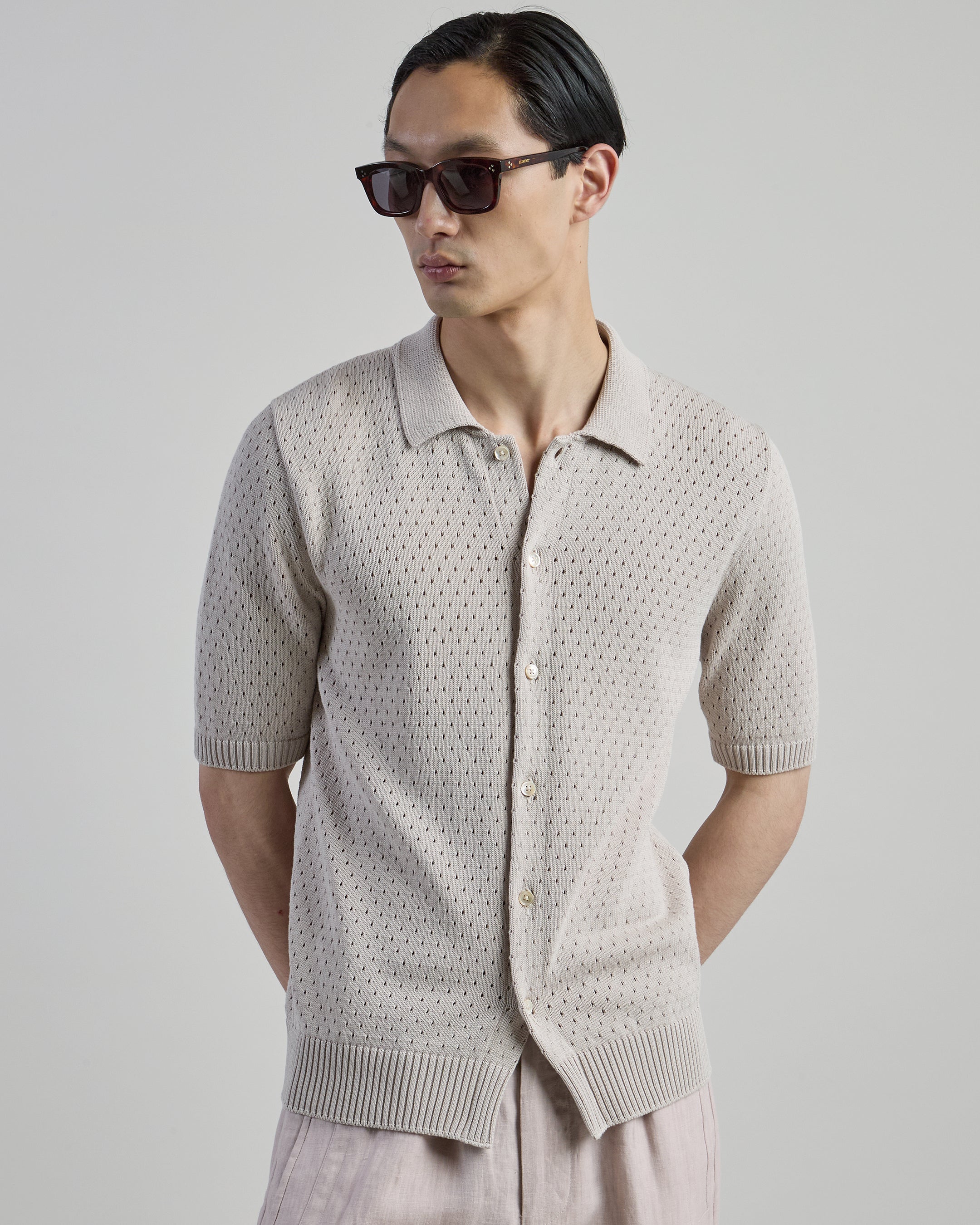 Men's Short Sleeve Perforated Cotton Knitted Shirt