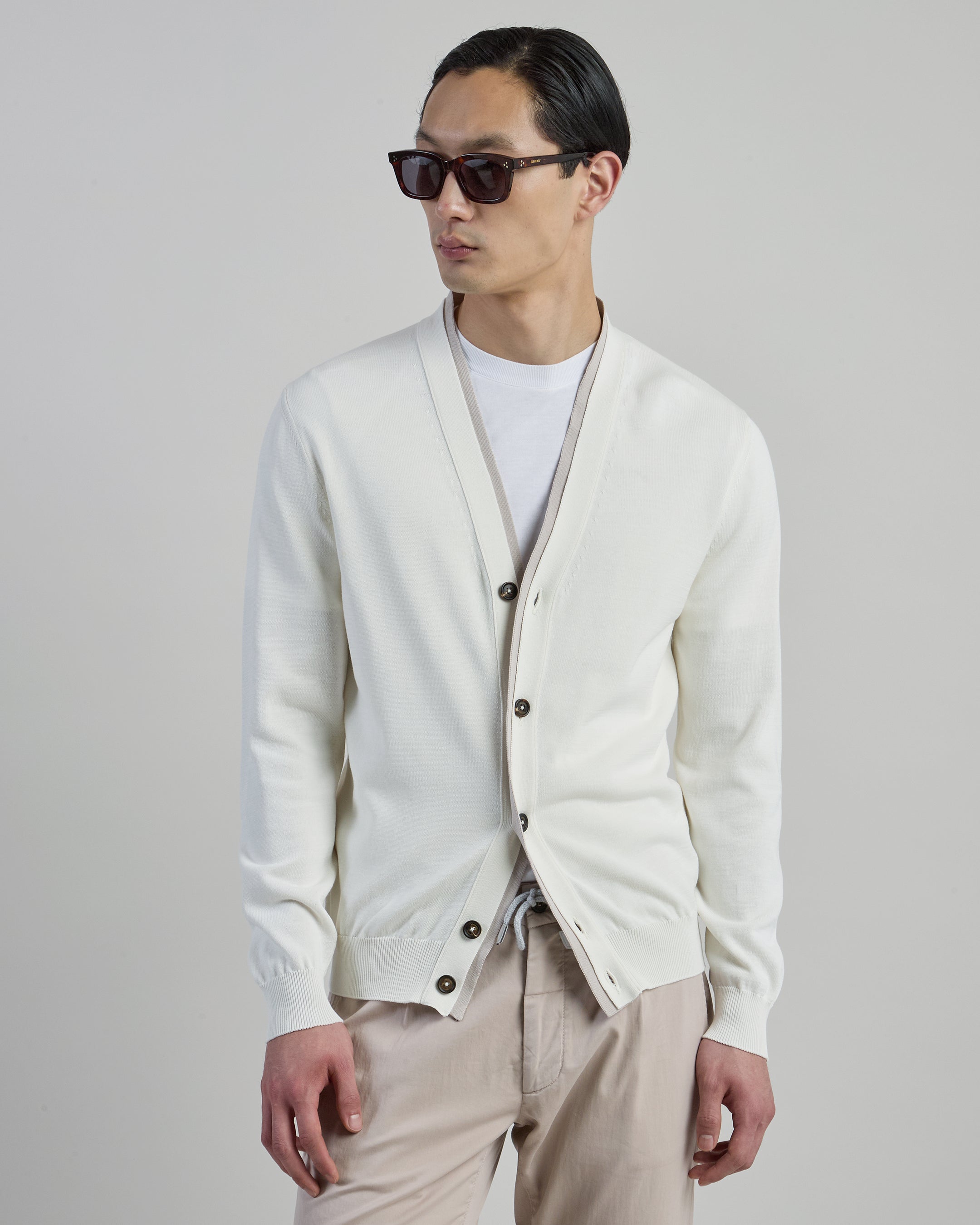 Cotton Cardigan with Contrast Placket and Horn Buttons