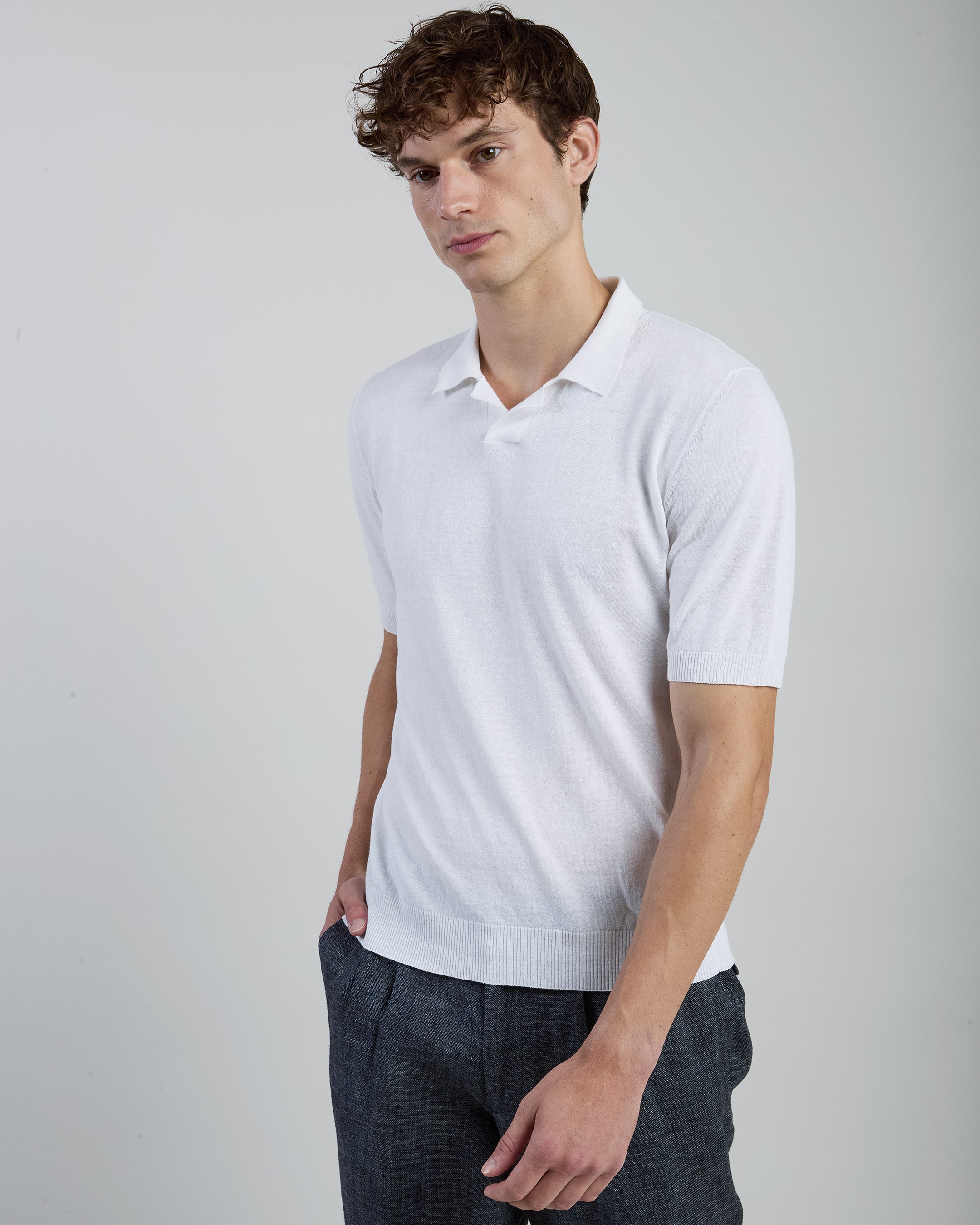 Linen and Cotton Knitted Polo Shirt - Bowling Collar