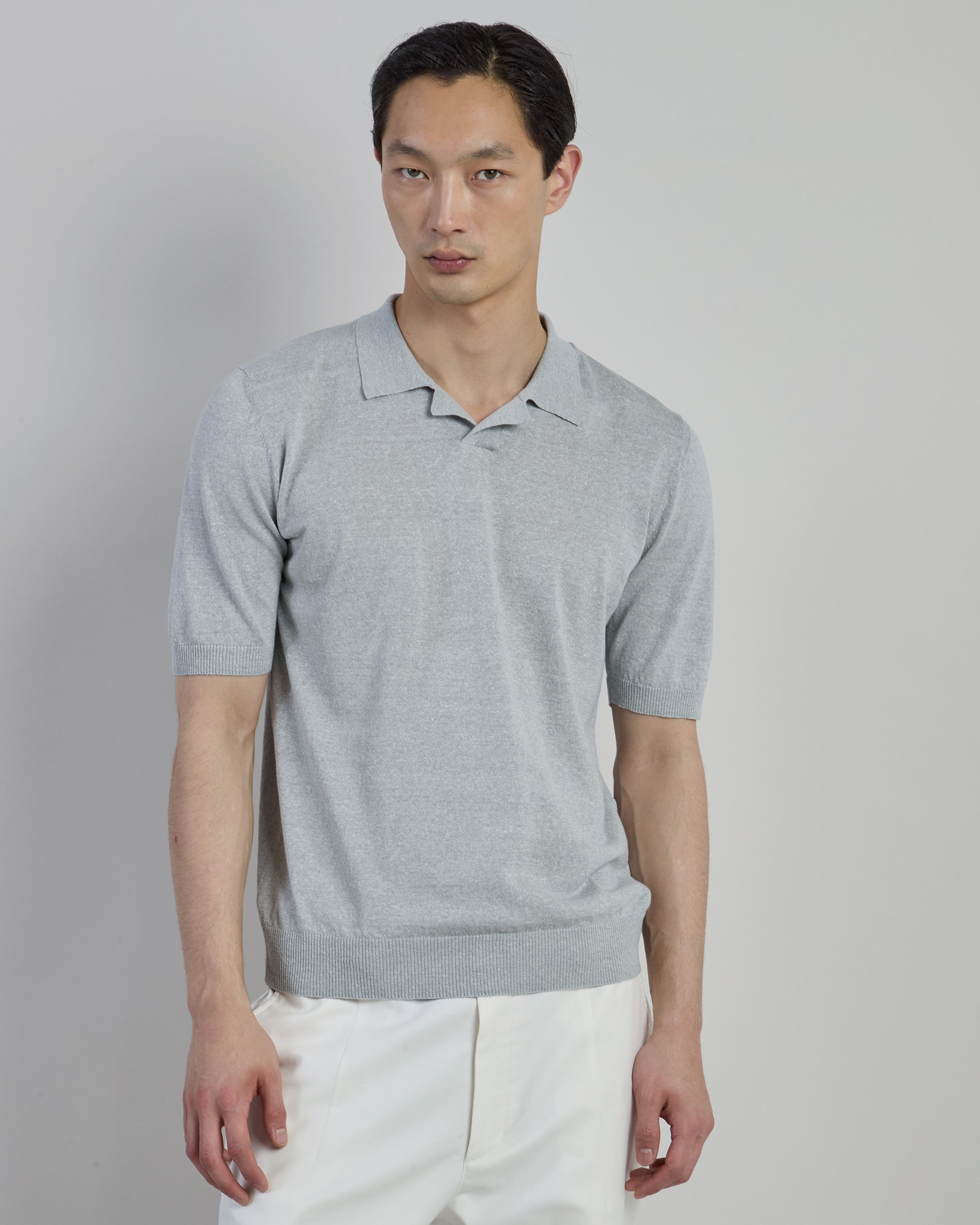 Linen and Cotton Knitted Polo Shirt - Bowling Collar