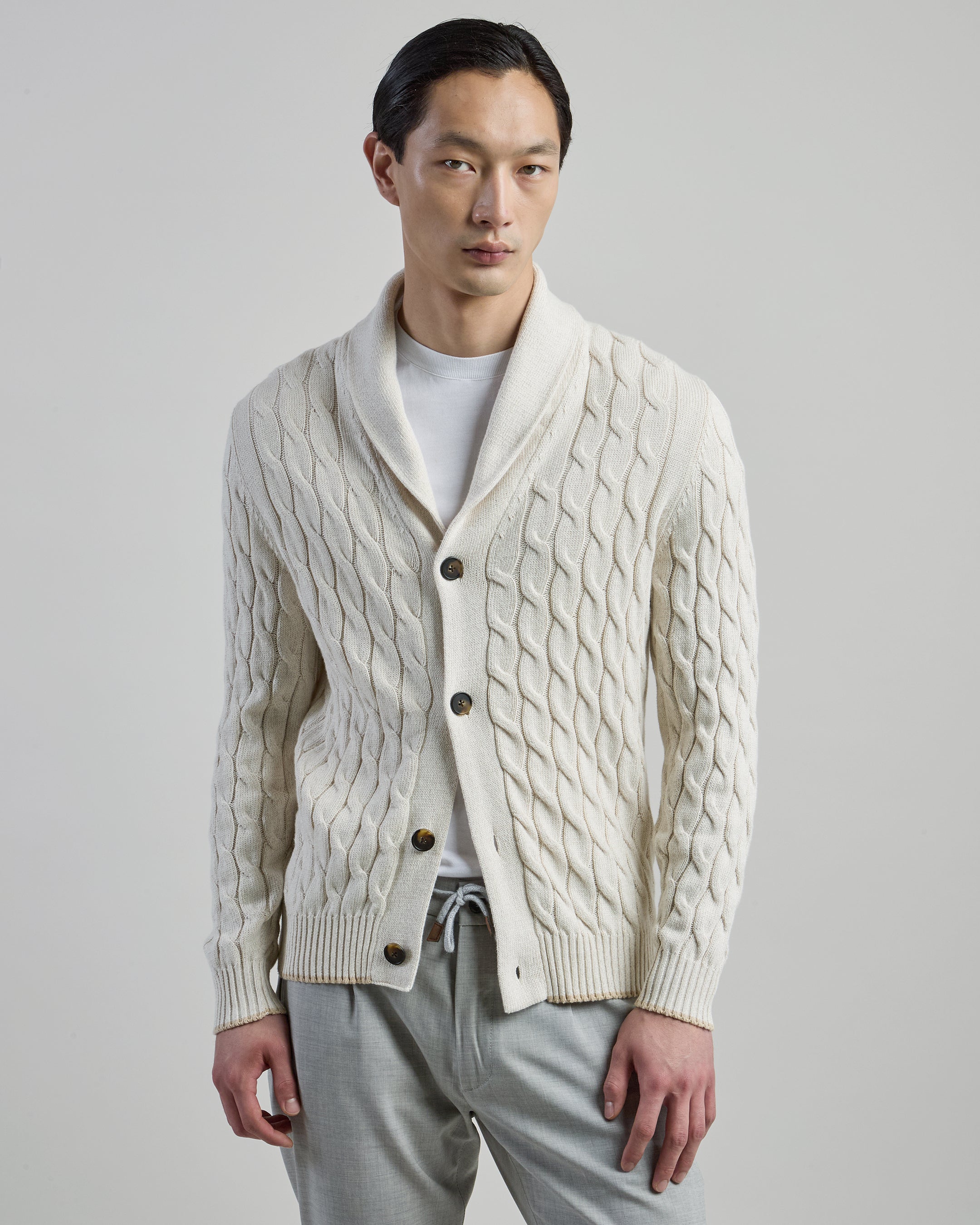 Men's Shawl Collar Cotton and Linen Cable Knit Cardigan