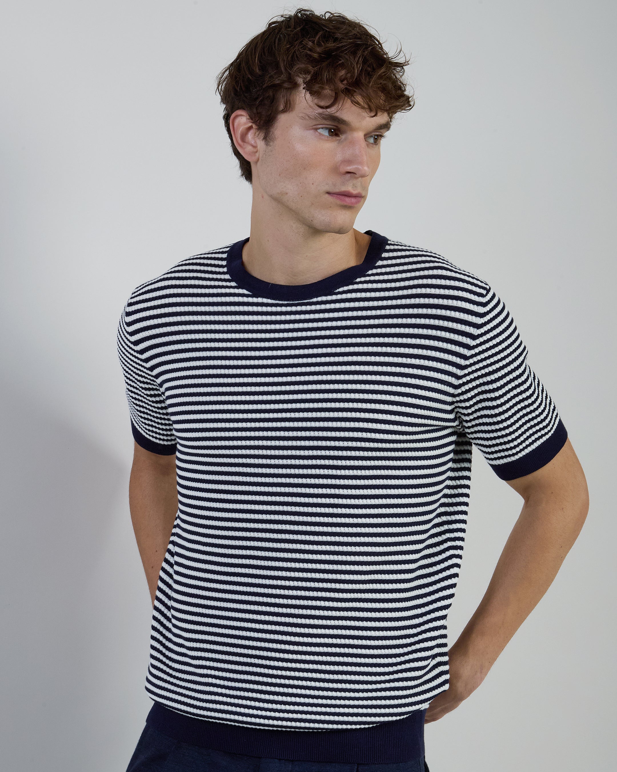 Men's Striped Crew Neck Sweater in Cool Cotton