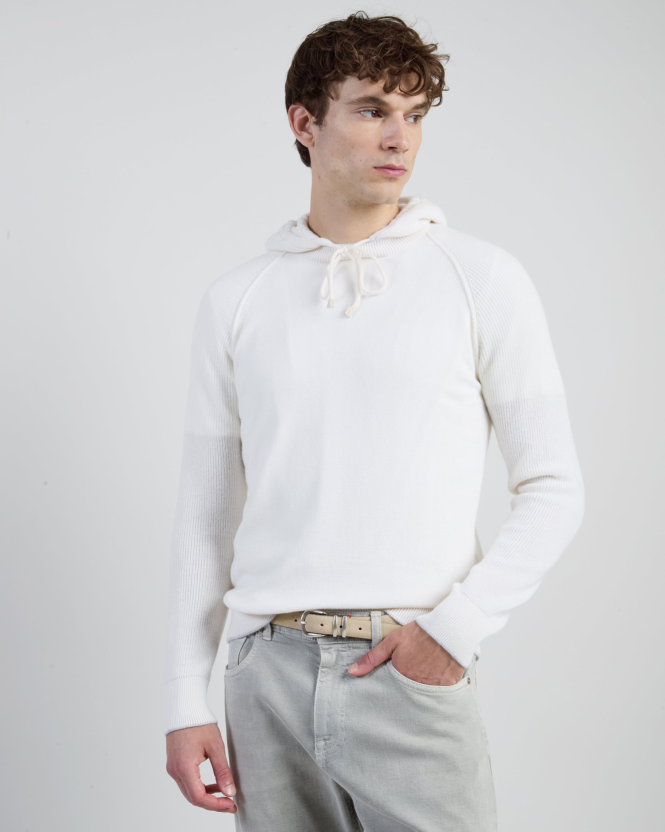 Cashmere Hooded Sweater with English Rib Detail