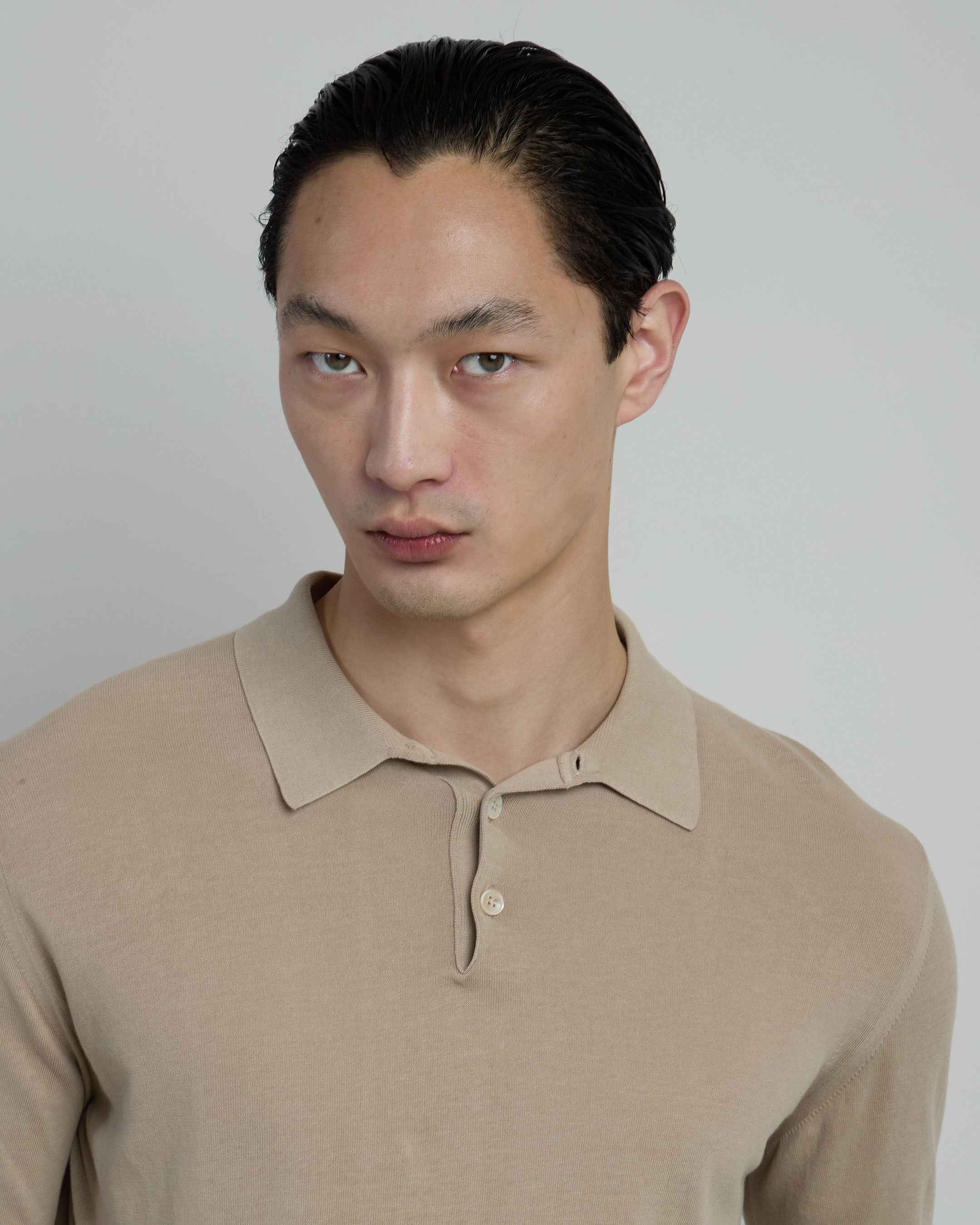 Long-Sleeved Knitted Polo Shirt in Crepe Cotton
