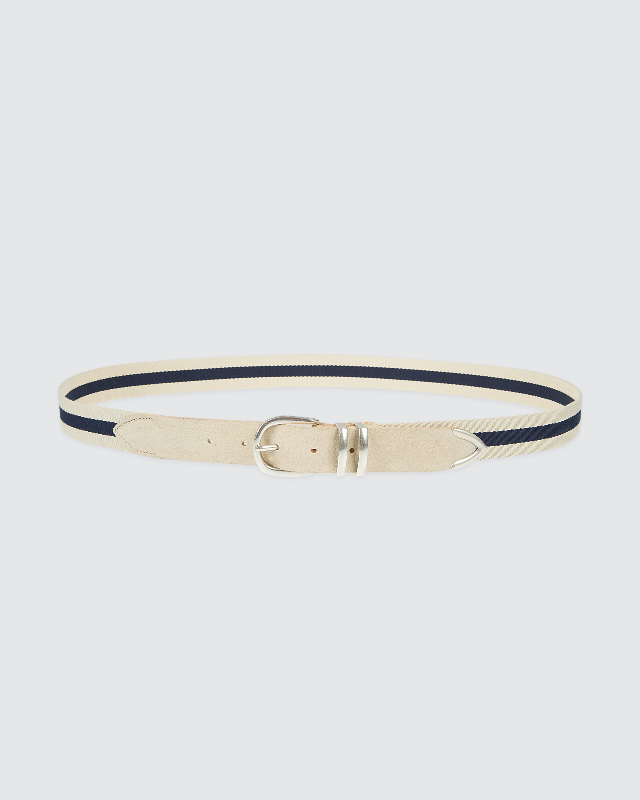 Men's Striped Cotton and Suede Belt with Silver Buckle