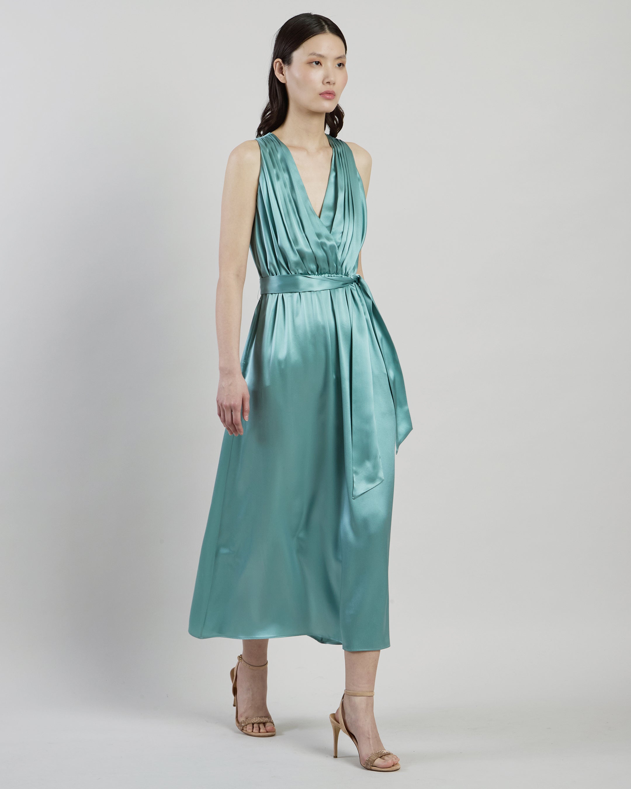 Sleeveless Double Silk Satin Maxi Dress with Pleats