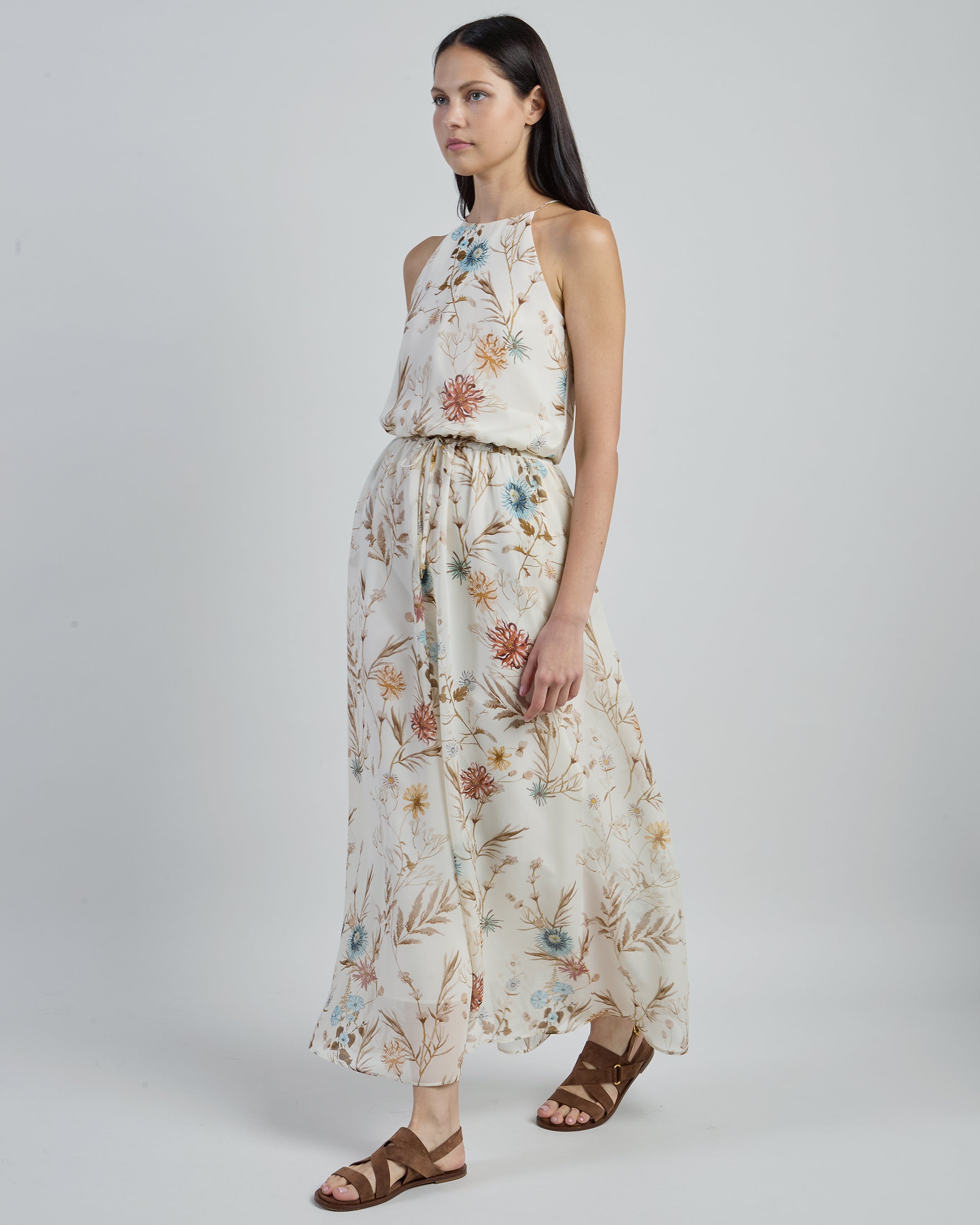 Long Sleeveless Printed Silk Dress with Floral Pattern