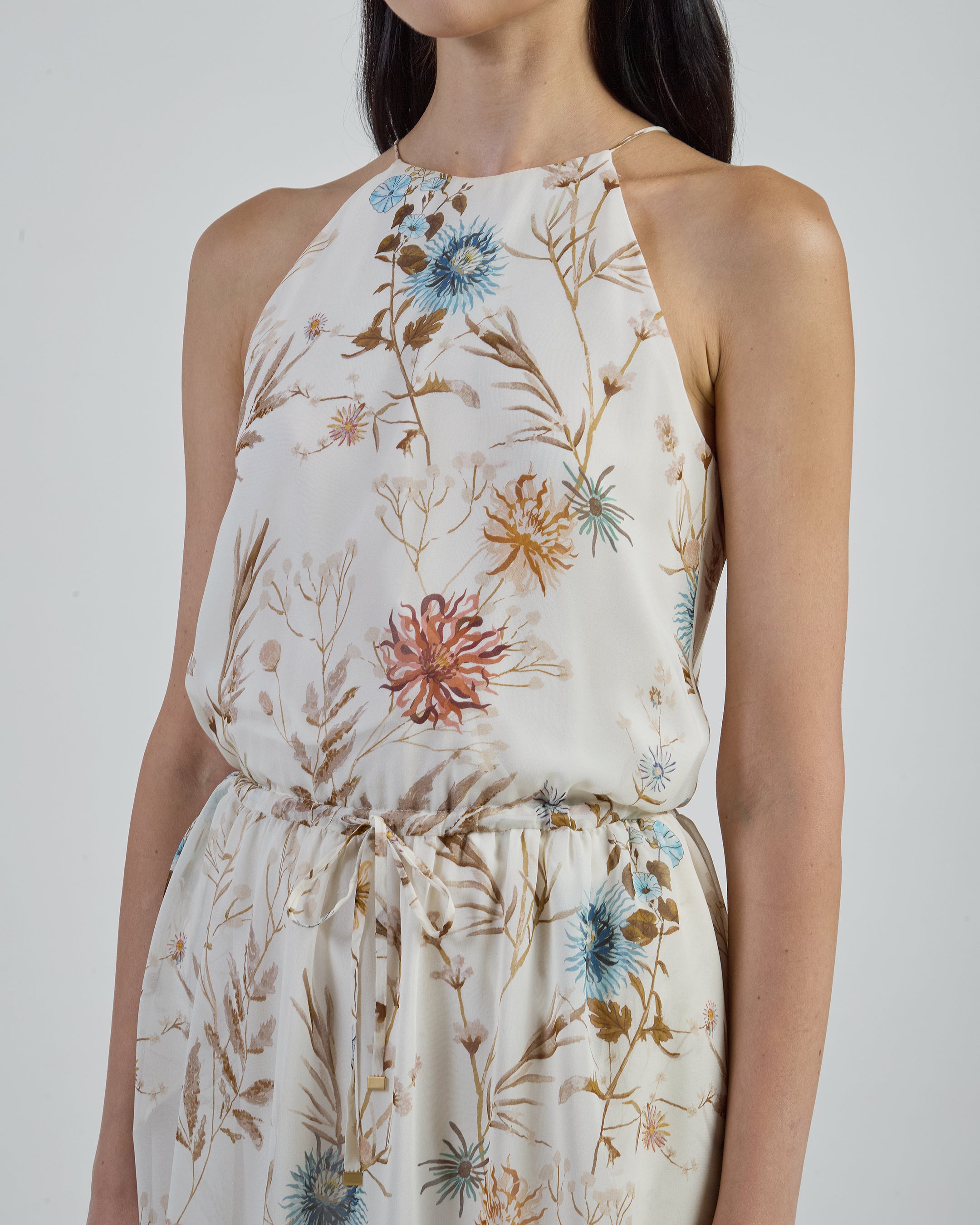 Long Sleeveless Printed Silk Dress with Floral Pattern