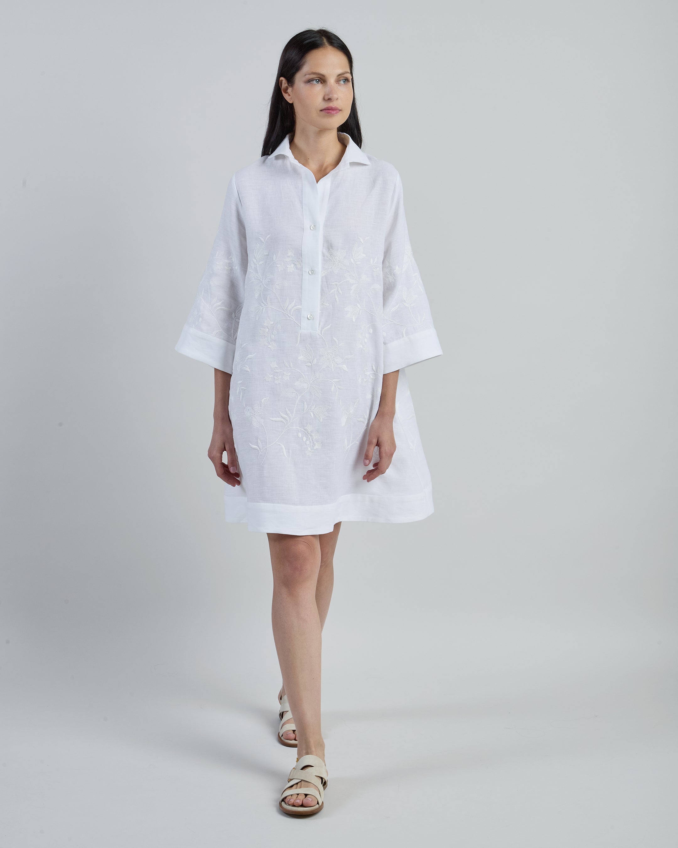 Floral Embroidered Linen Day Dress for Women