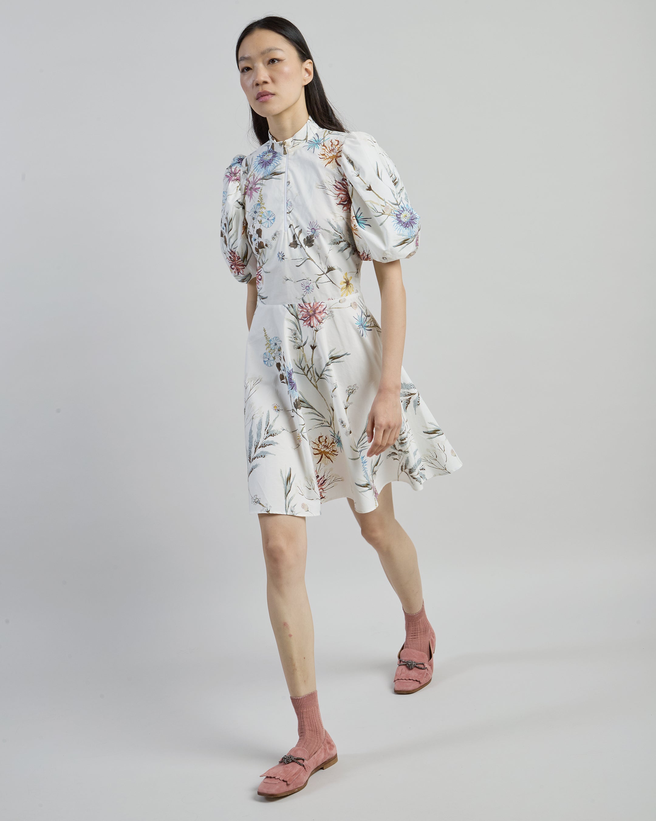 Vestito Midi in Popeline di Cotone Stampato a Fiori