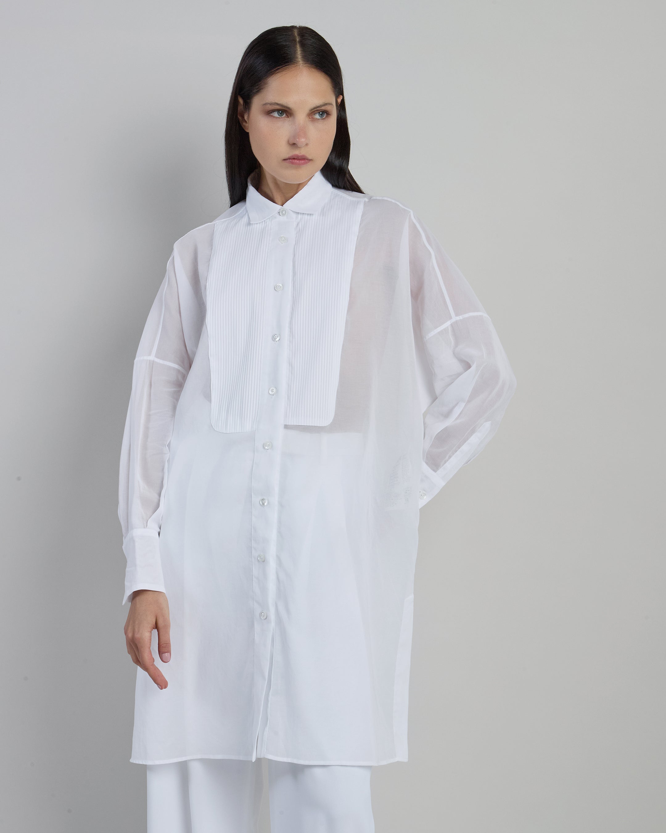 Women's Japanese Cotton Gauze Long Shirt with Plastron