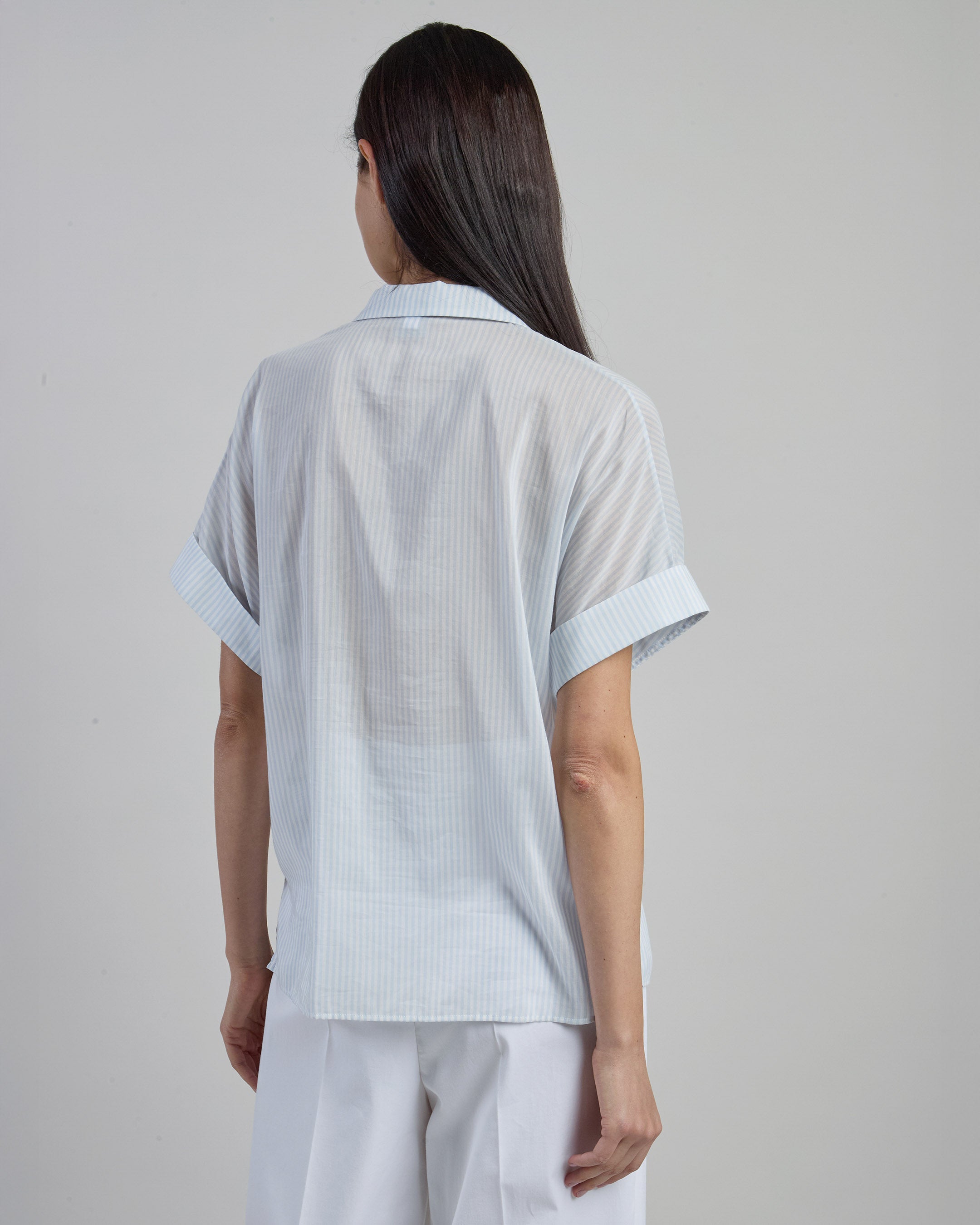 Women's Striped Silk and Cotton Shirt with Bowling Collar