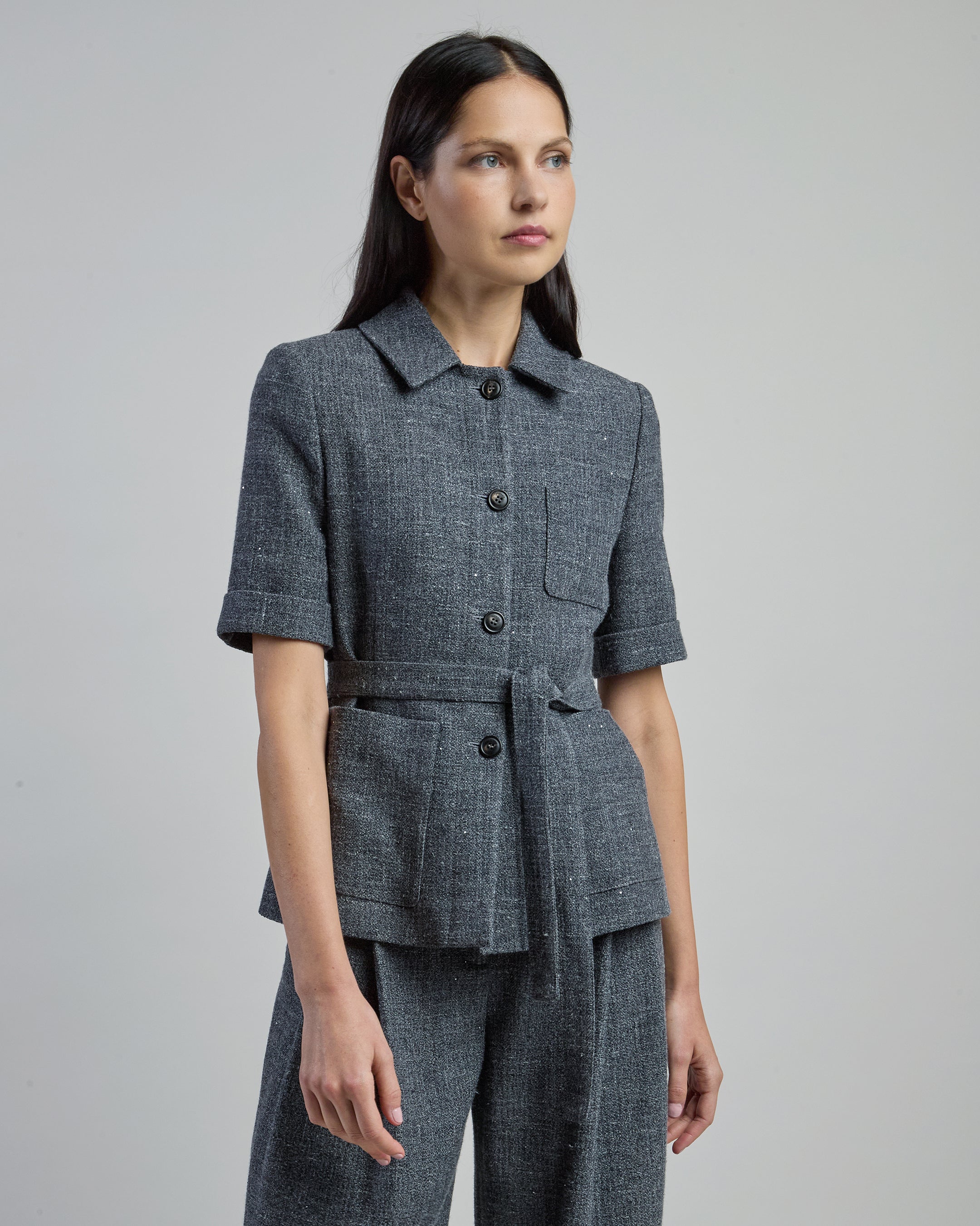 Single-Breasted Wool and Linen Jacket with Short Sleeves