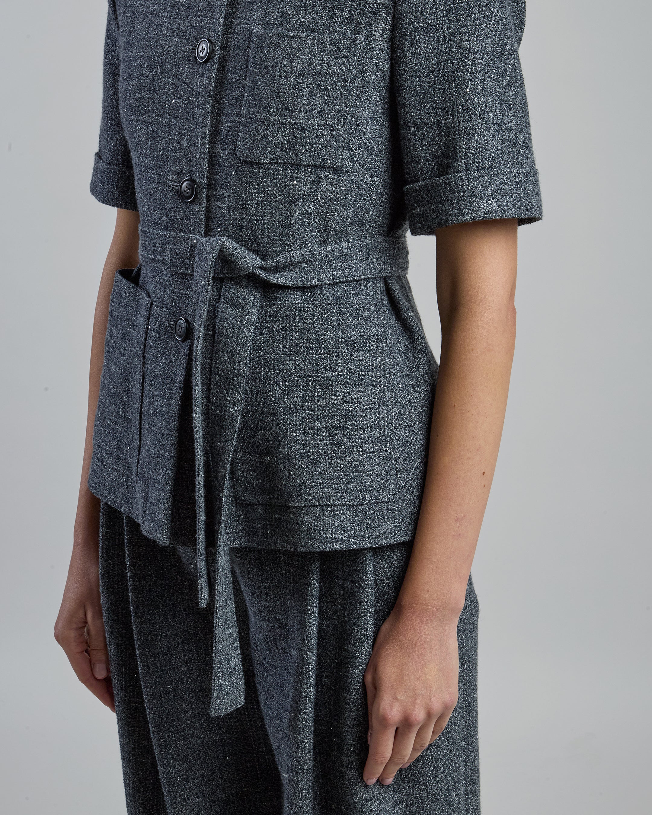 Single-Breasted Wool and Linen Jacket with Short Sleeves