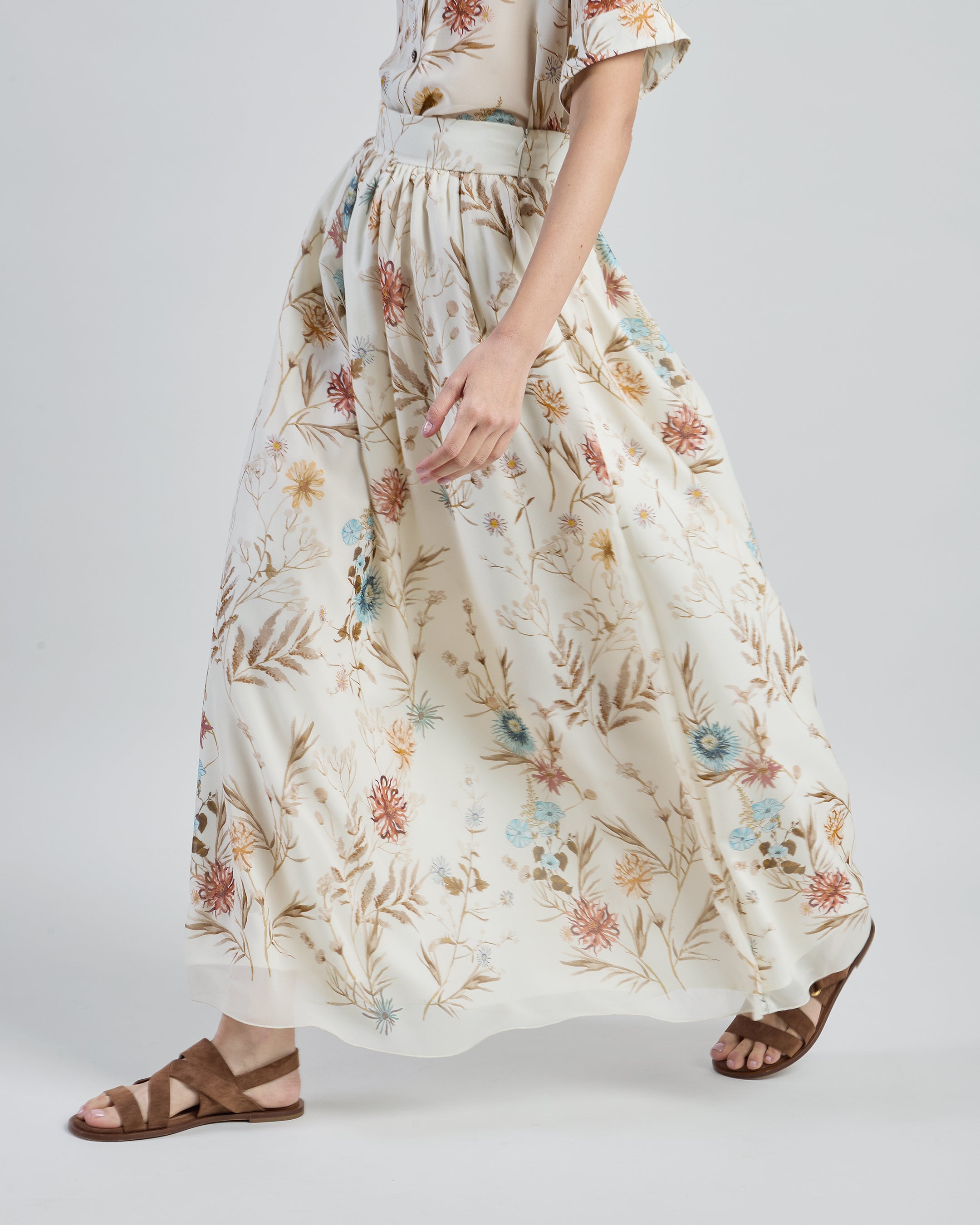 Long Printed Silk Georgette Skirt with Floral Pattern