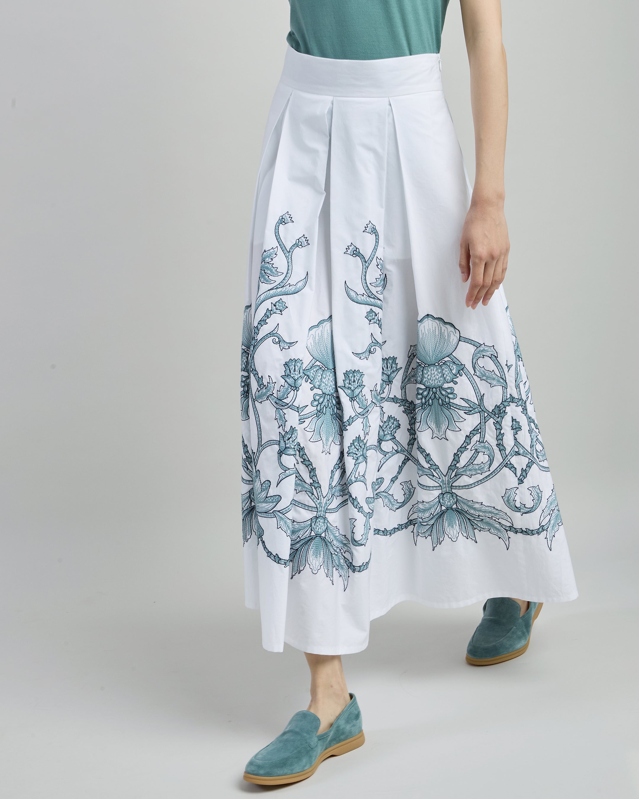 Long Cotton Poplin Skirt with Contrast Embroidery