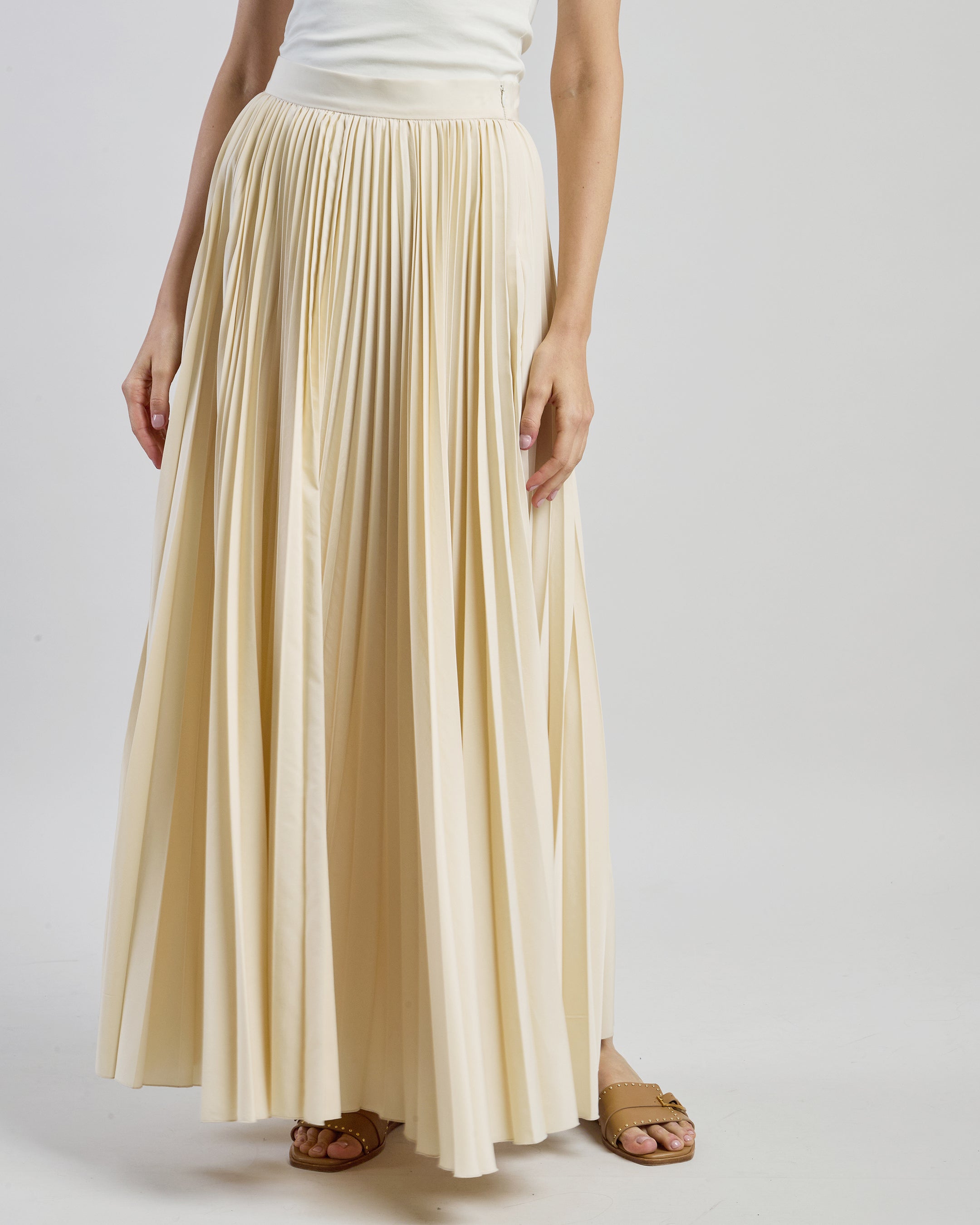 Long Pleated Soleil Skirt in Beige Technical Fabric